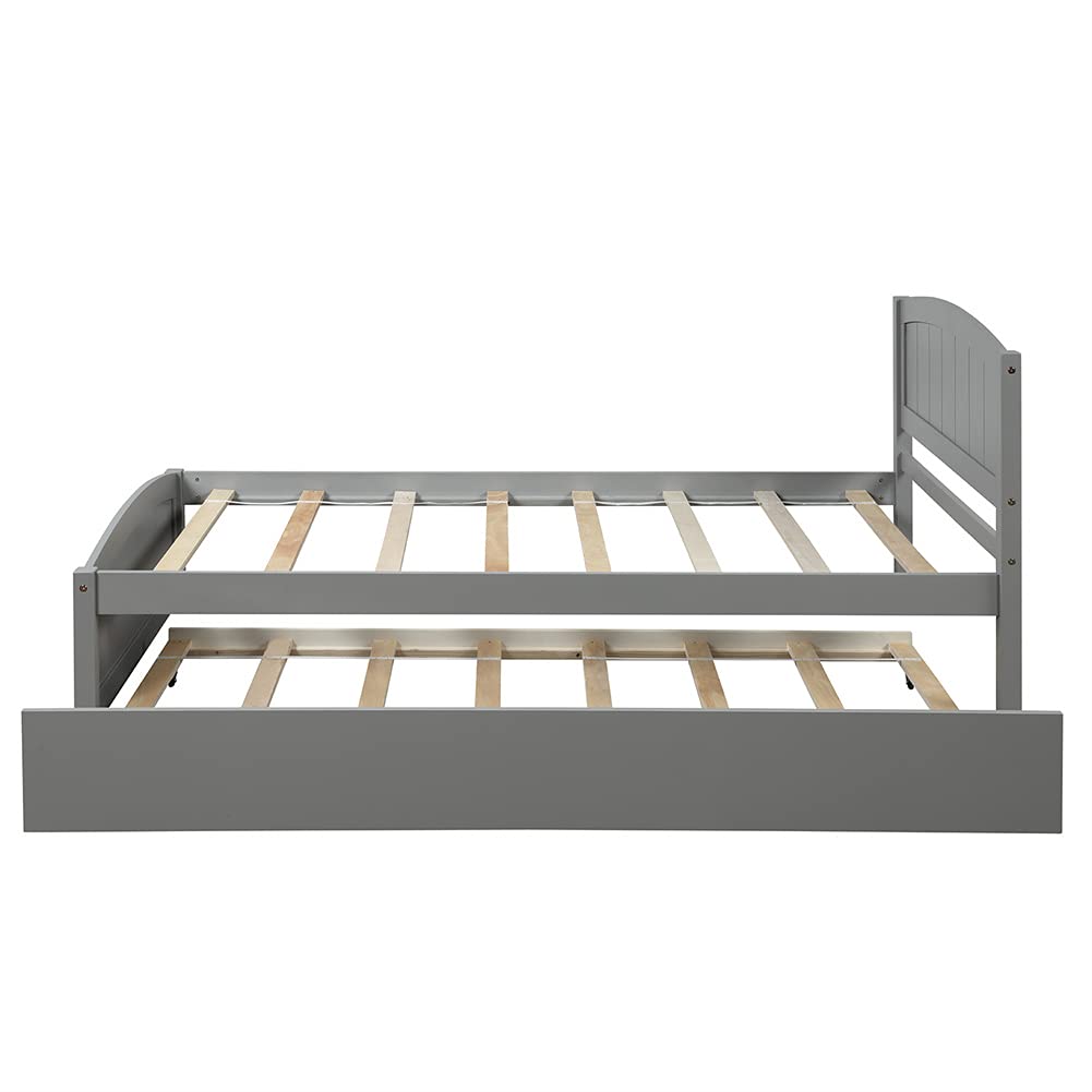 Twin Size Wood Platform Bed with Trundle, Headboard & Footboard - Easy Assembly Gray Wooden Bed Frame | Perfect for Kids Rooms, Guest Bedrooms & Small Spaces
