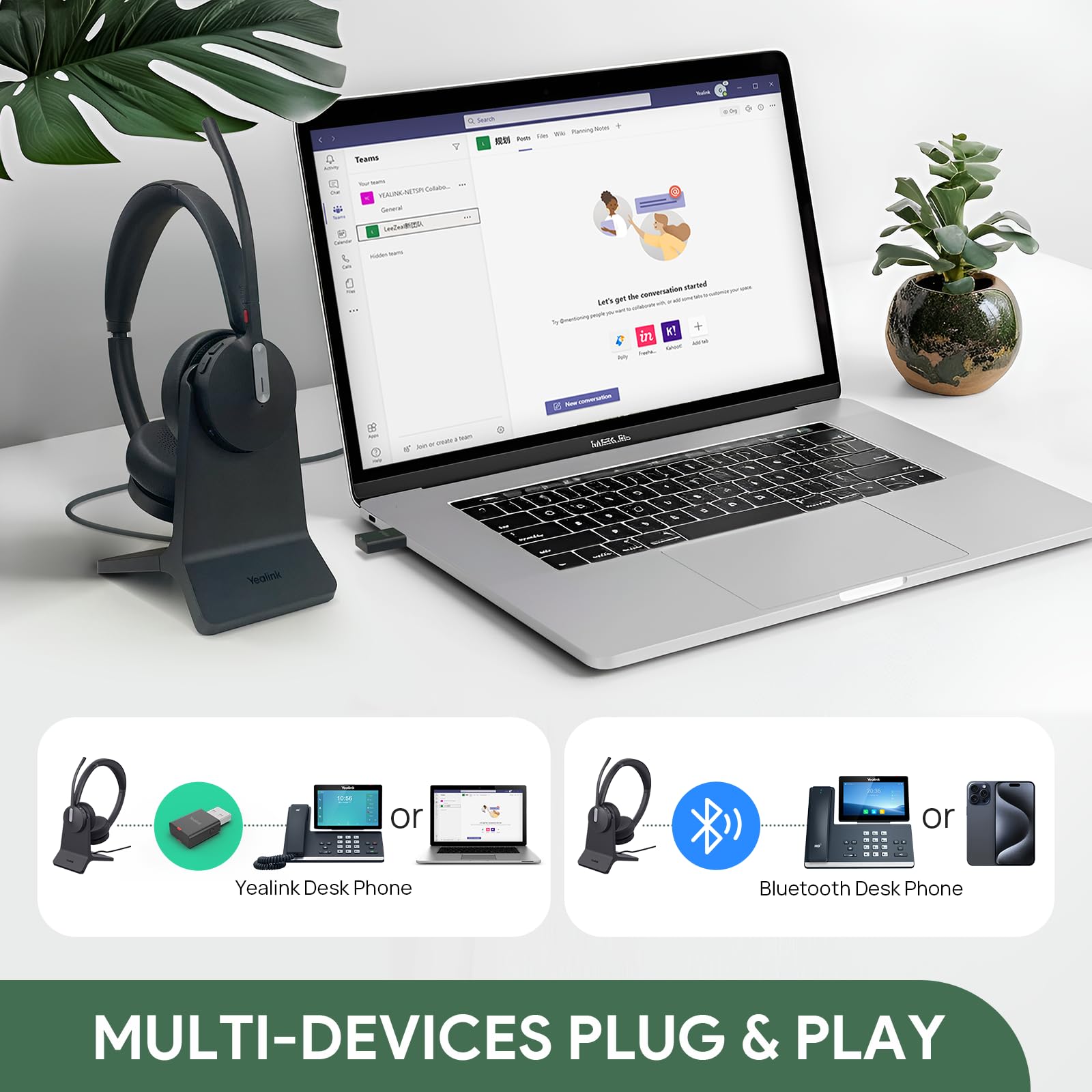 Yealink WH64 Hybrid Wireless DECT Headset with Bluetooth, 492ft Range, 26H Talk Time - Noise Cancelling UC Headset for Teams/Zoom/Skype (DECT Dongle & Charging Stand Included) - Perfect for Remote Work, Call Centers & Home Office PC/Phone Use