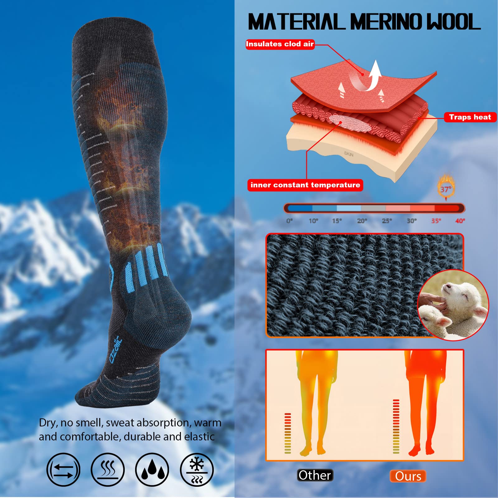 Merino Wool Ski Socks for Men & Women - 2 Pairs, Warm Thermal Performance for Skiing & Snowboarding