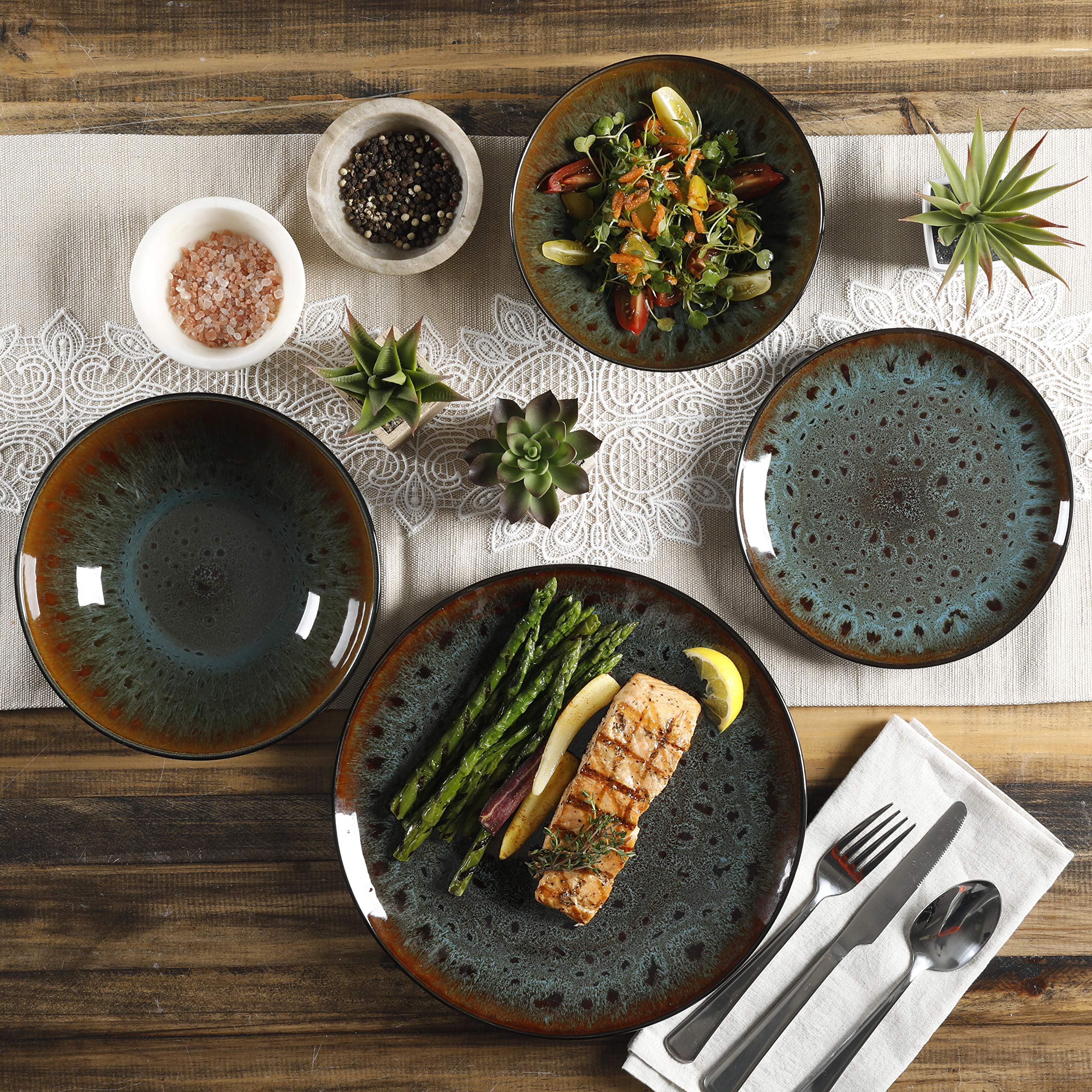 Premium Gibson Elite Kyoto Double Bowl Dinnerware Set - 16-Piece Service for 4, Elegant Teal Blue - Perfect for Family Dinners, Entertaining Guests & Modern Table Settings