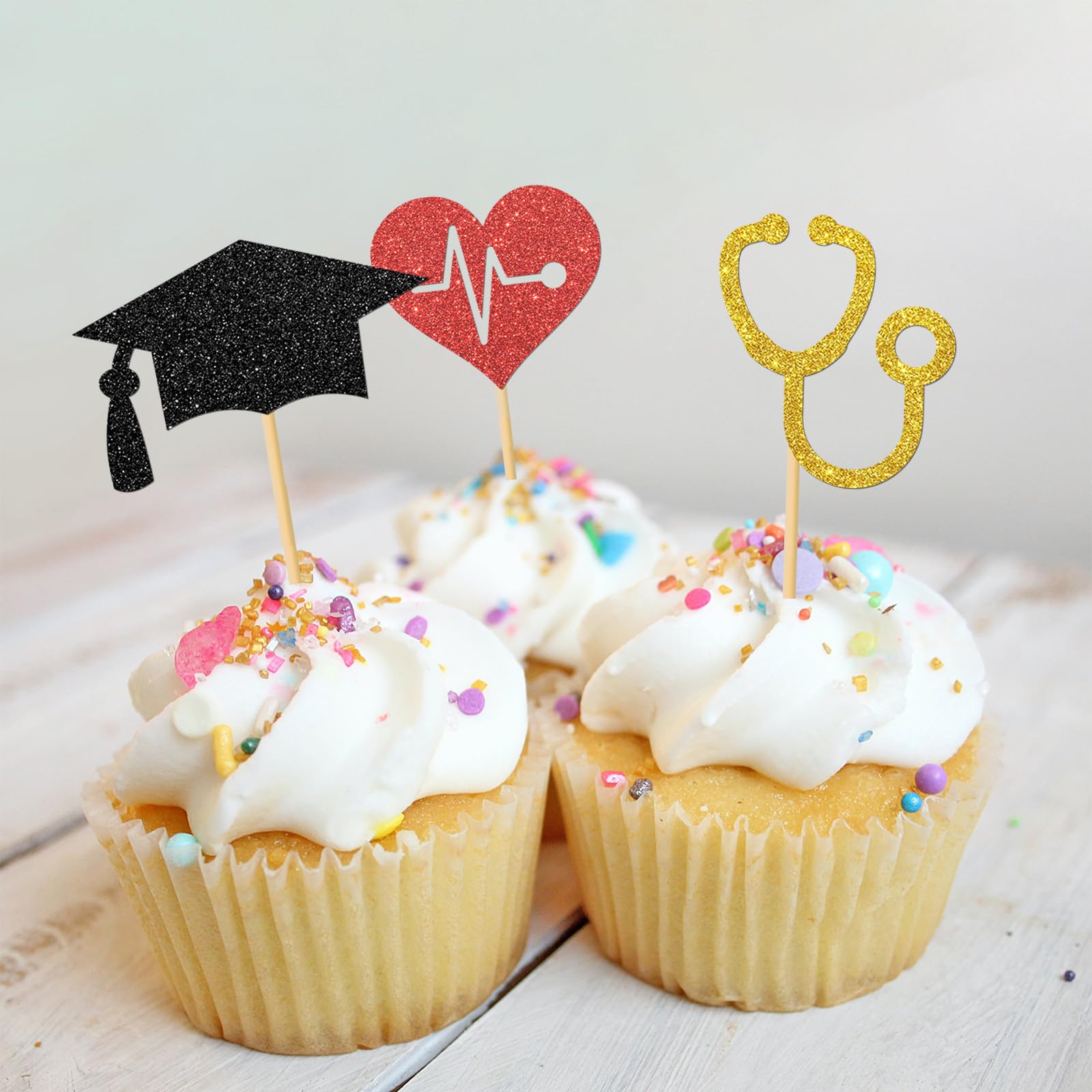 24-Piece Doctor & Nurse Graduation Cupcake Toppers - Medical RN Themed Decorations for Nursing School Graduation Parties (Black, Red & Gold Glitter) - Perfect for Healthcare Graduation Celebrations, Cake Decorating & Dessert Displays