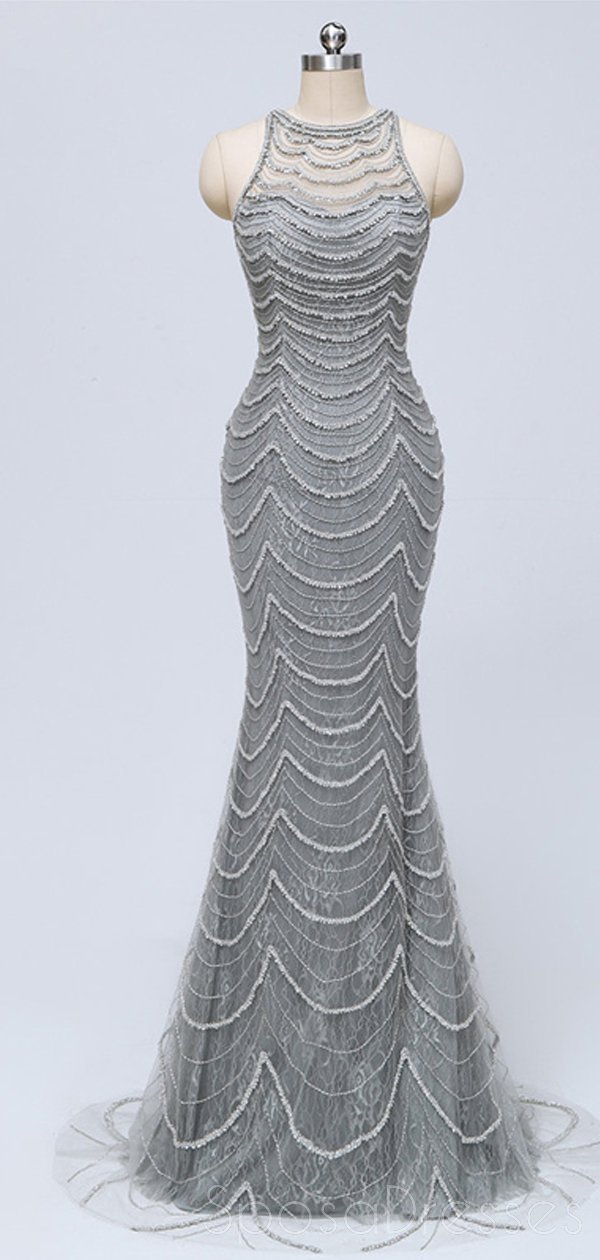Elegant Grey Lace Beaded Mermaid Prom Dress - Long Evening Gown for Sweet 16, Homecoming & Formal Events | Style 18347 | Perfect for Prom Night, Quinceañera & Special Occasions