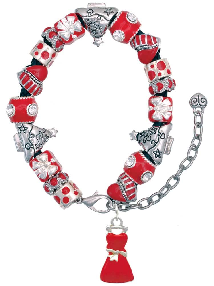 Delight Jewelry Silvertone Red Dress - Red Christmas Bead Bracelet, 7