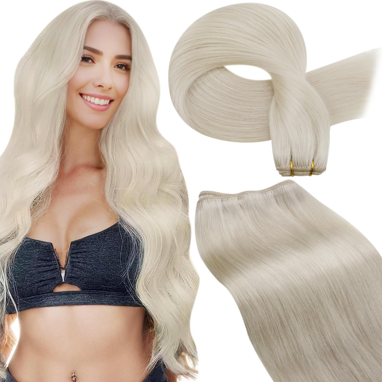 LaaVoo 100% Human Hair Weft Extensions - 16 Inch Platinum Blonde Straight Double Weft Sew-In Hair Extensions (100g) for Volume & Length - Perfect for Parties, Weddings & Daily Styling