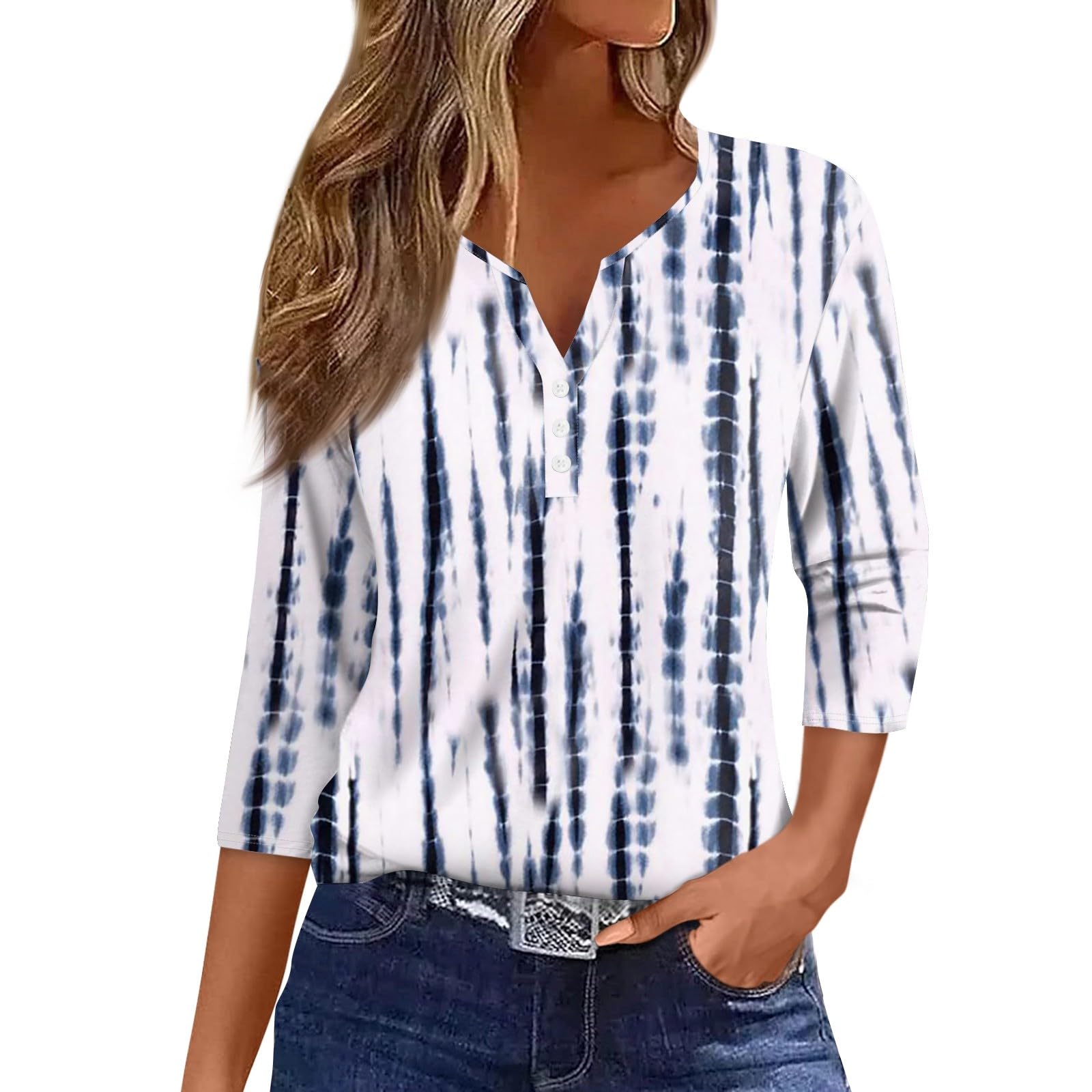 YUTANRAL Women's 3/4 Sleeve V-Neck Button Down Tunic Top - Trendy Casual Summer Blouse 2024 - Comfortable Dressy Shirt for Work, Date Night & Weekend Outings