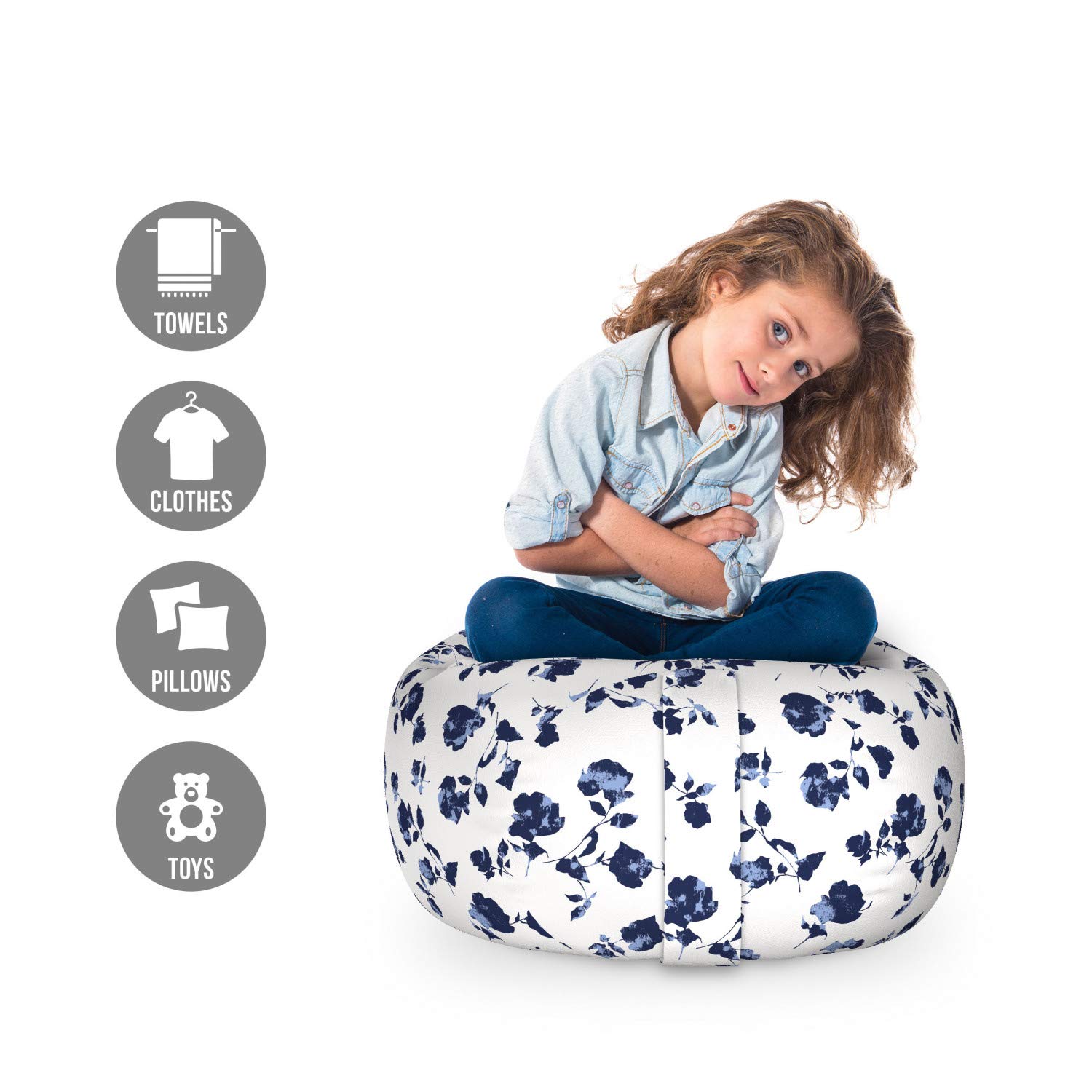 Ambesonne Floral Storage Toy Bag Chair - Blossoming Flowers Design, Dark Blue & Pale Blue Stuffed Animal Organizer, Washable Small Size for Kids' Room & Nursery Decor