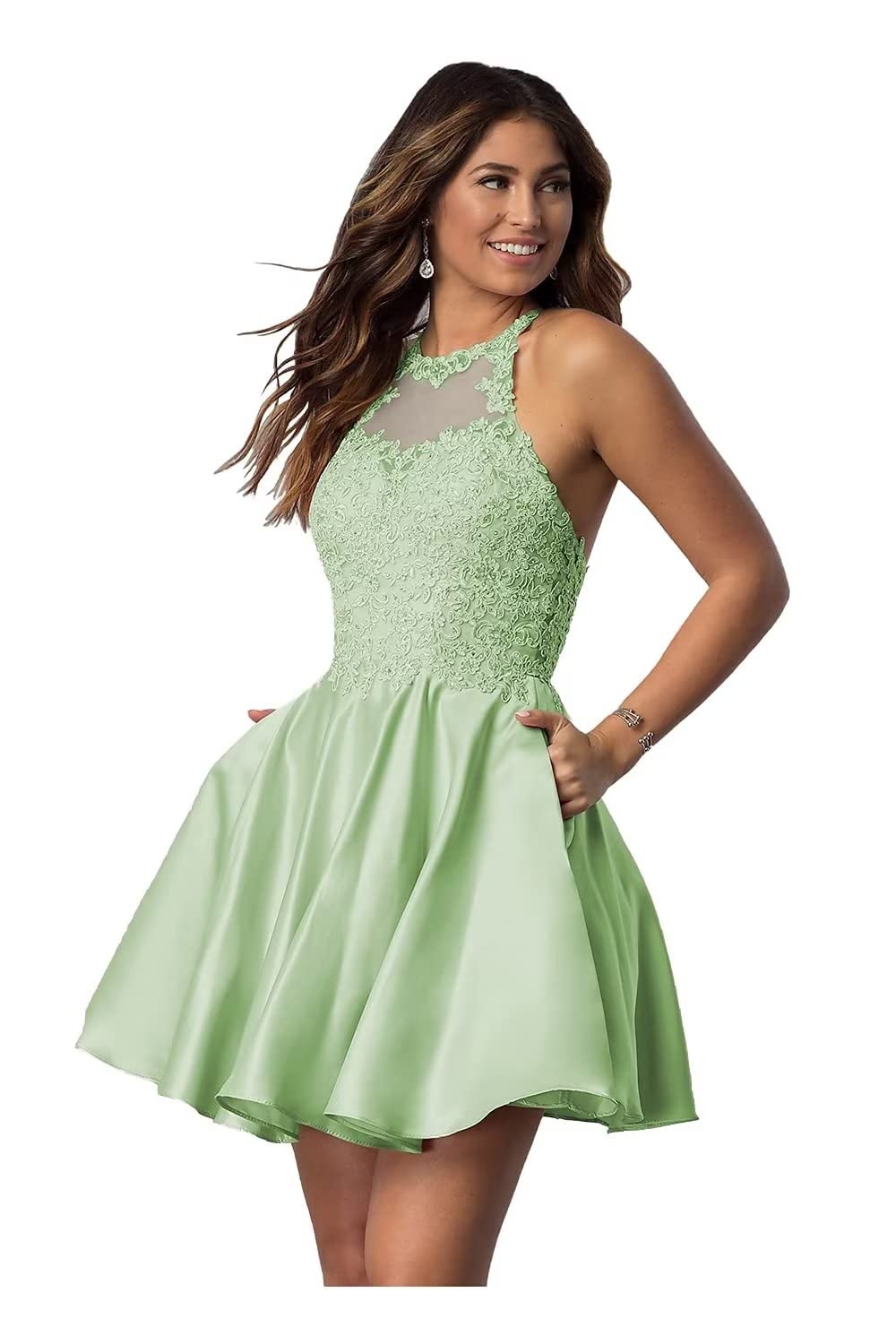 Elegant Lace Applique Short Homecoming Dress with Pockets | Halter Prom Dress for Teen Girls | 2022 Satin Cocktail Party Dress | Perfect for Dances, Graduations & Special Occasions