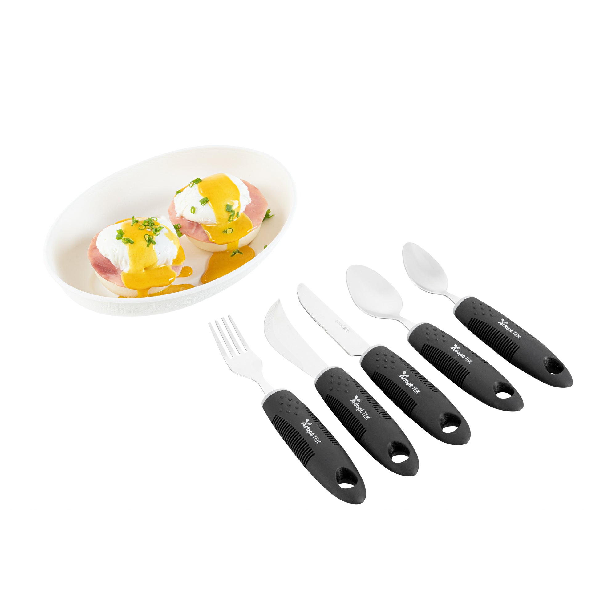 Adapt Tek Black Stainless Steel 5-Piece Adaptive Utensil Set - Lightweight, Non-Slip Grip, Ergonomic Design for Easy Eating - Perfect for Seniors, Arthritis & Hand Mobility Challenges (1 Count Box)
