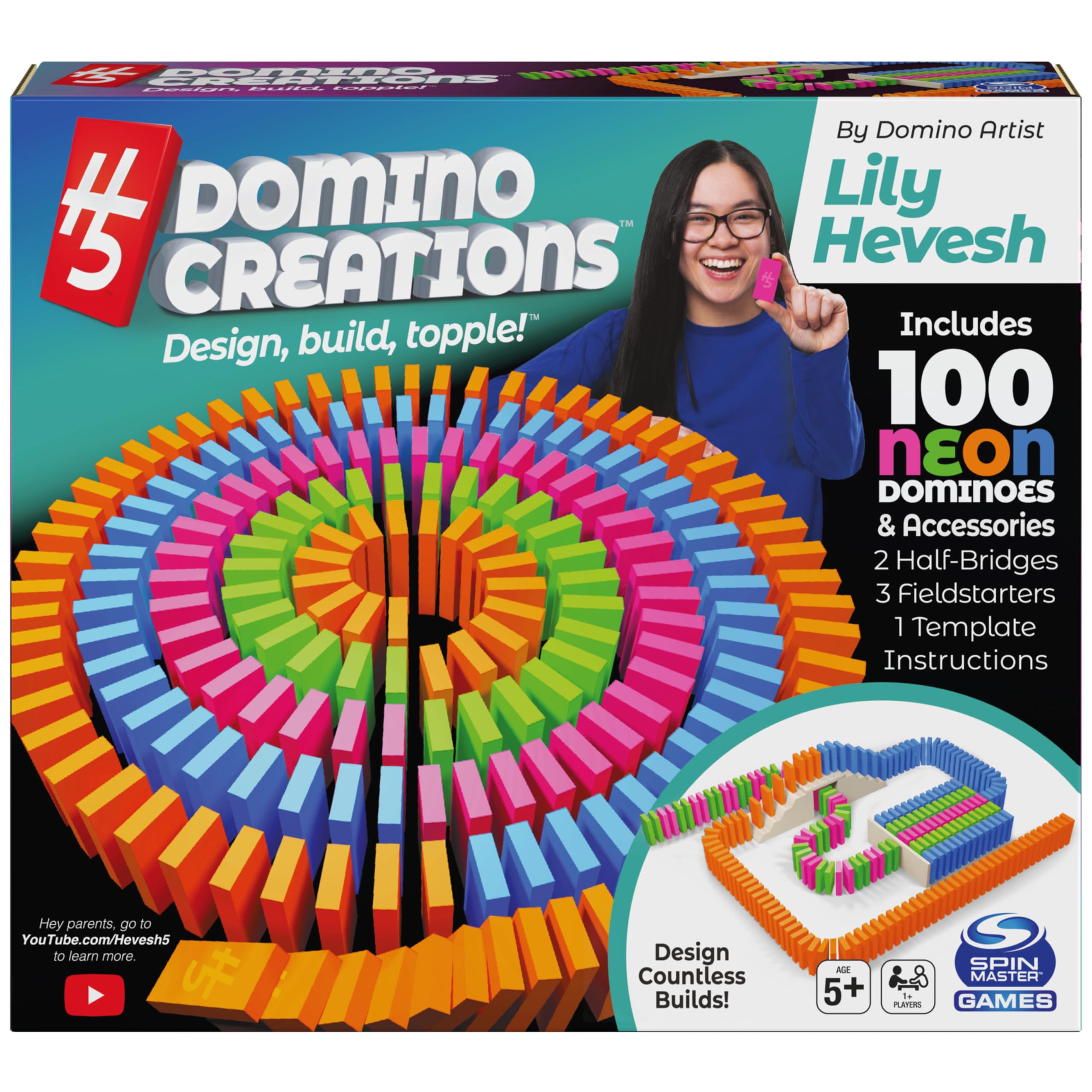 Spin Master Games Lily Hevesh H5 Domino Creations 100-Piece Neon Dominoes Set - STEM Building Toys for Kids & Family, Educational Stacking Game for Ages 5+ (1+ Players) - Perfect for Birthday Gifts, Classroom Activities & Family Game Night
