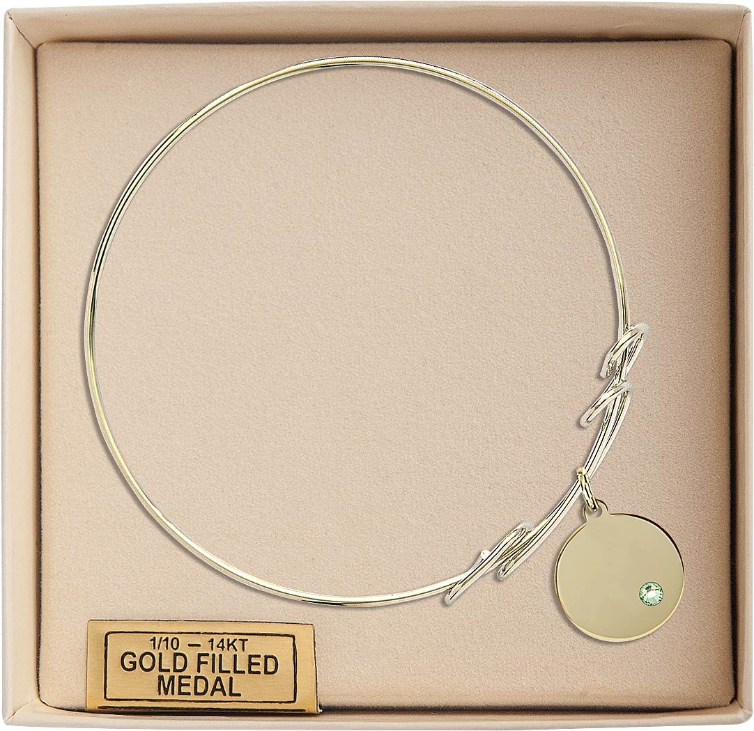 8 Inch Round Double Loop Bangle Bracelet with Plain Disc Charm & August Green Crystal - Elegant Jewelry for Women, Perfect for Parties, Weddings, and Everyday Wear