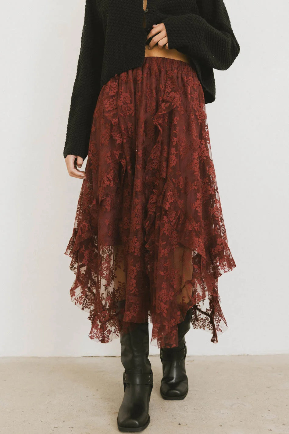 Elsie Lace Midi Skirt in Red Brown - Elegant Floral Lace Skirt for Women | Perfect for Weddings, Parties & Date Nights | FINAL SALE