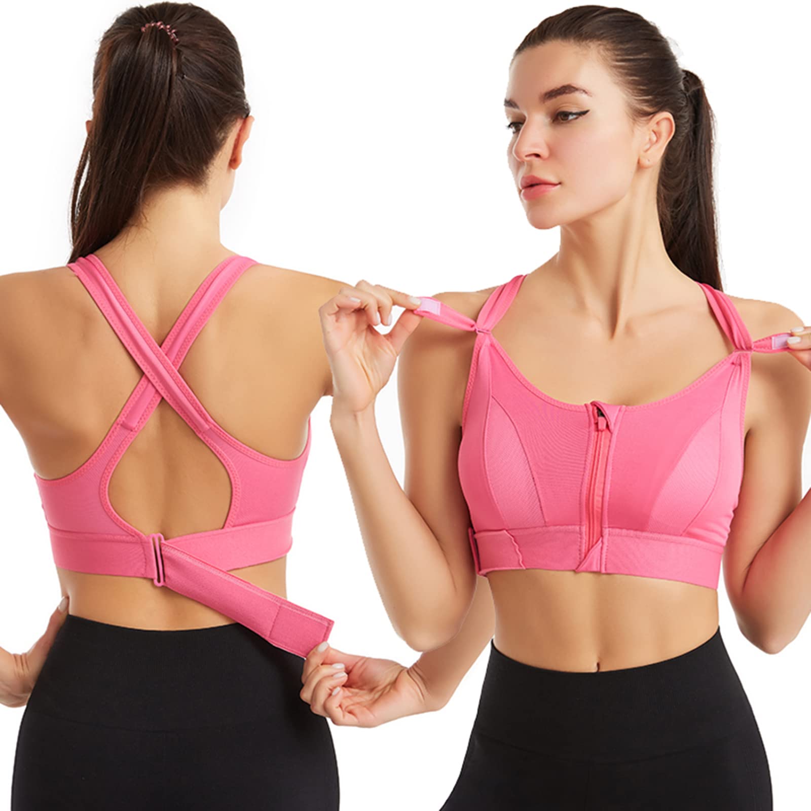 High Support Front Zip Sports Bra for Women - Adjustable Plus Size Workout Top, Sexy Supportive Yoga Bra for Running, Gym & Active Wear