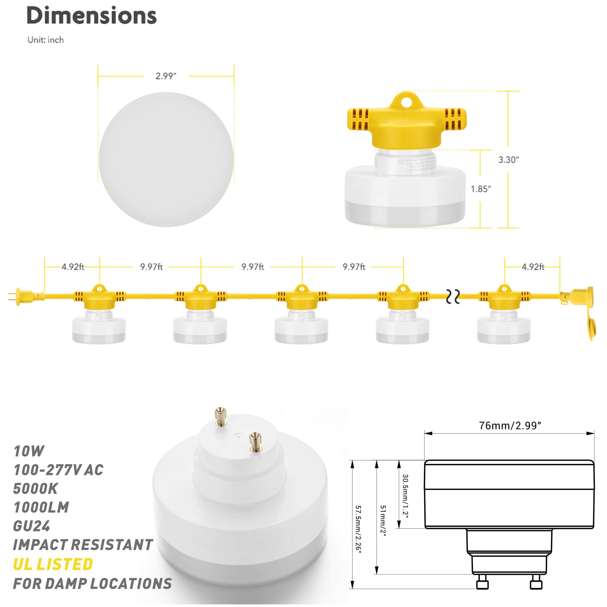 100FT LED Construction String Light - 100W 10000LM Industrial Grade Work Lights with 10 Bulbs, 5000K Daylight White for Job Sites, Renovation, Mining | Perfect for Construction Lighting, Warehouse Illumination & Emergency Temporary Lighting