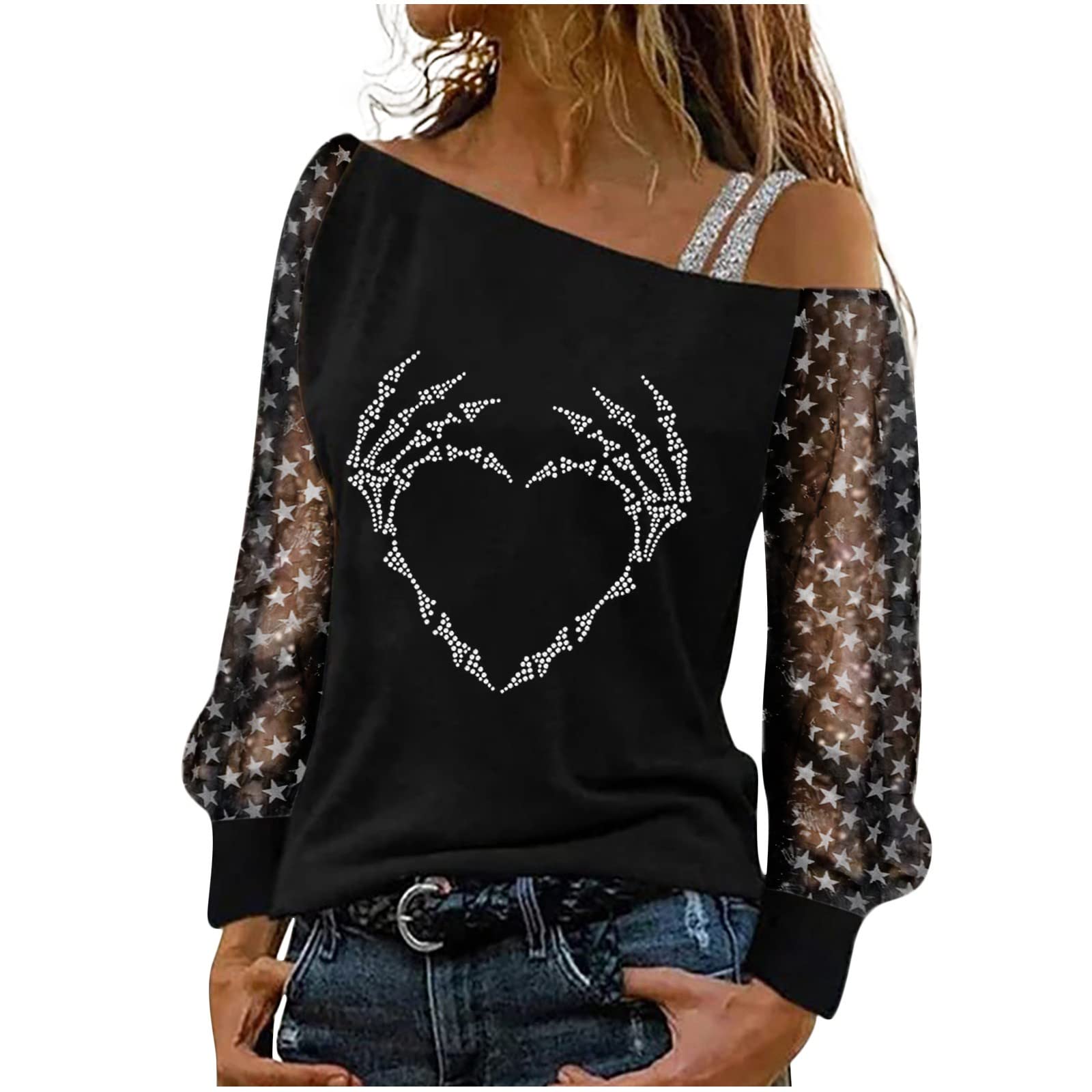 ZEFOTIM Funny Valentine's Day Print Shirts for Women - Vintage Single Shoulder Long Sleeve Tunic Blouse - Perfect for Casual Wear, Date Nights & Holiday Parties