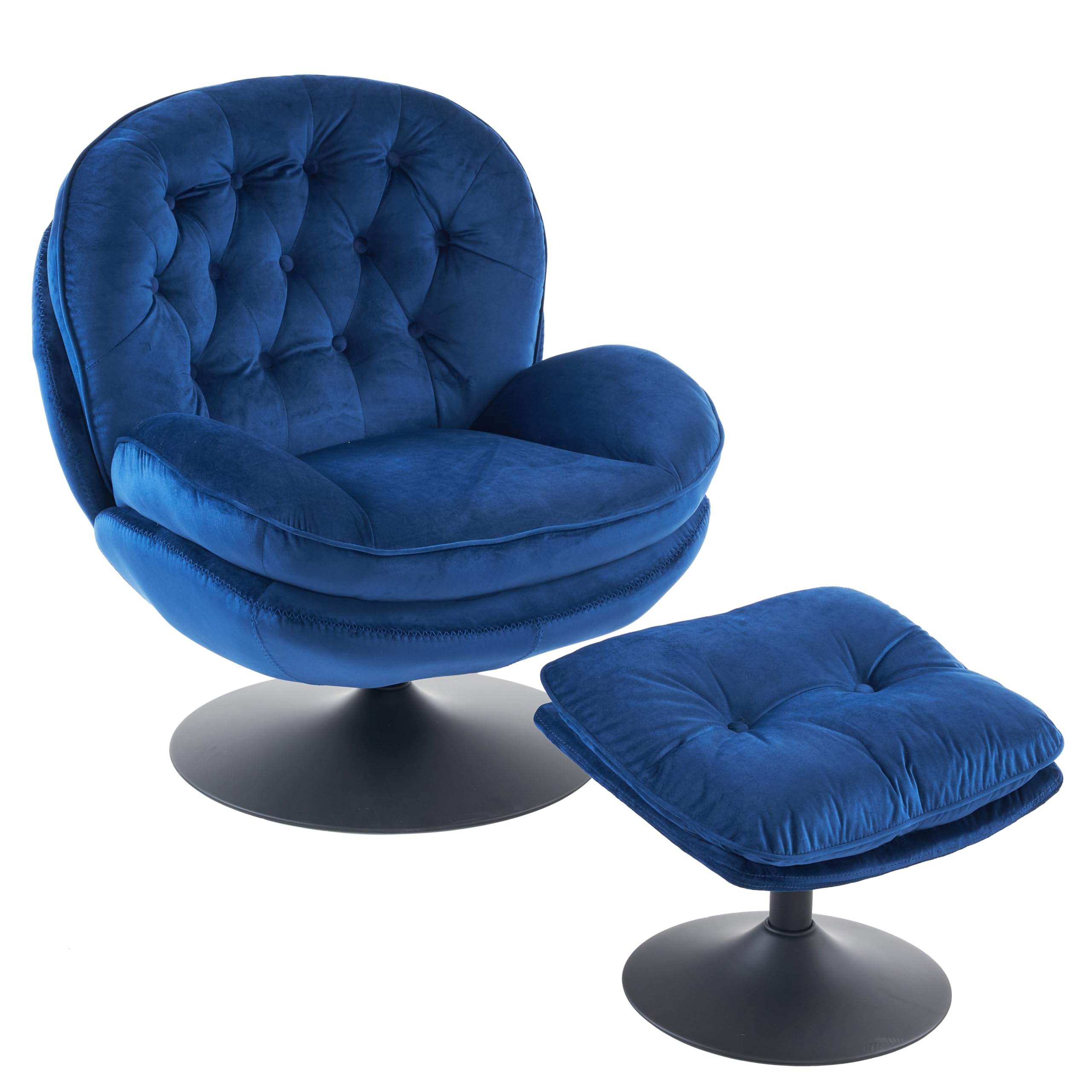 Velvet Swivel Accent Chair with Ottoman Set - Modern Tufted Armchair with Footrest for Living Room & Bedroom - 360 Degree Swivel Reading TV Chair for Adults - Blue Comfortable Lounge Chair for Relaxing, Entertaining & Home Decor
