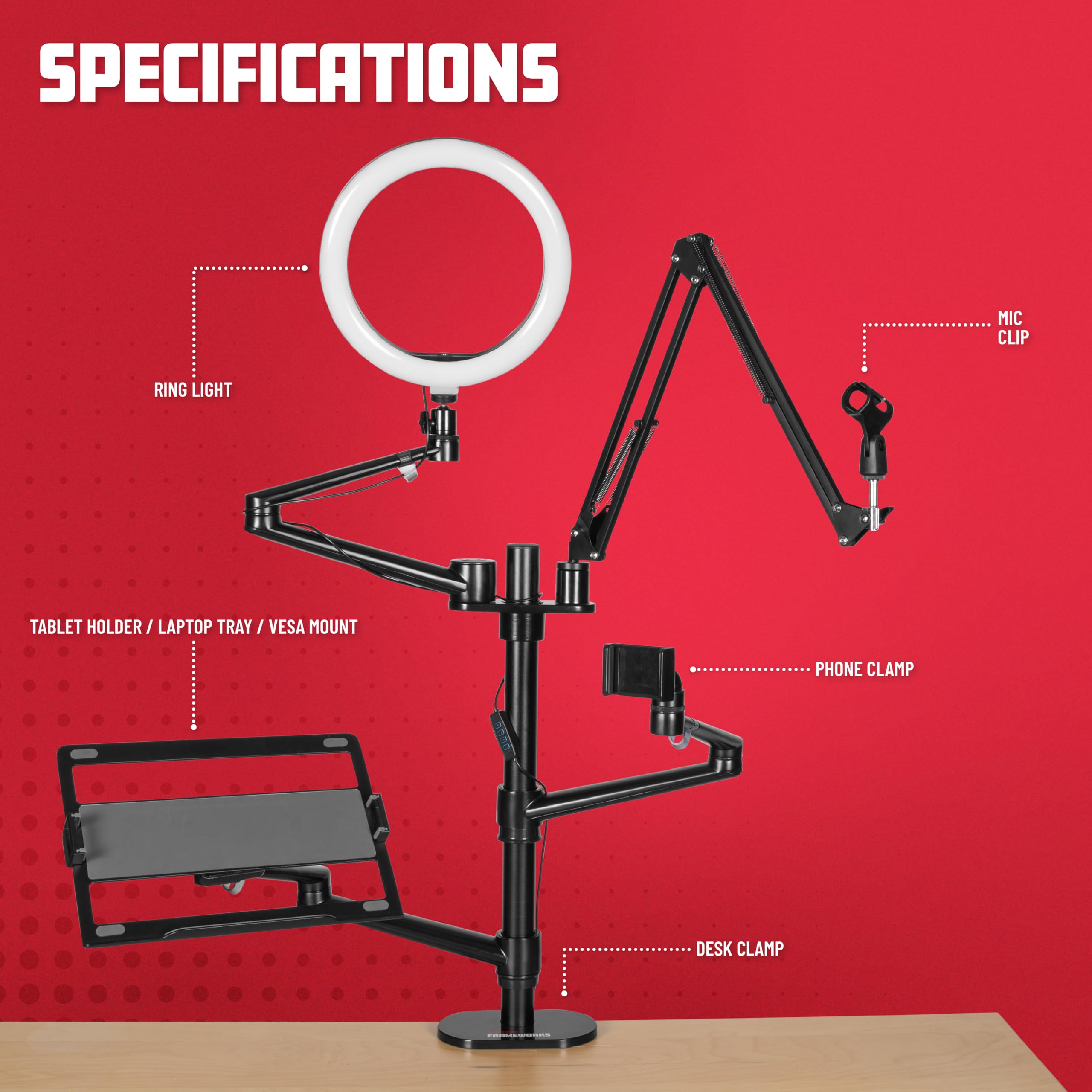 Gator Frameworks 6-in-1 Content Creator Streaming Desktop Stand Set - Smartphone, Tablet & Laptop Holder with VESA Mount, Ring Light & Mic Boom Arm (Black, GFW-STREAMSTAND) - Perfect for Live Streaming, YouTube Videos, Podcasting & Home Office Setup