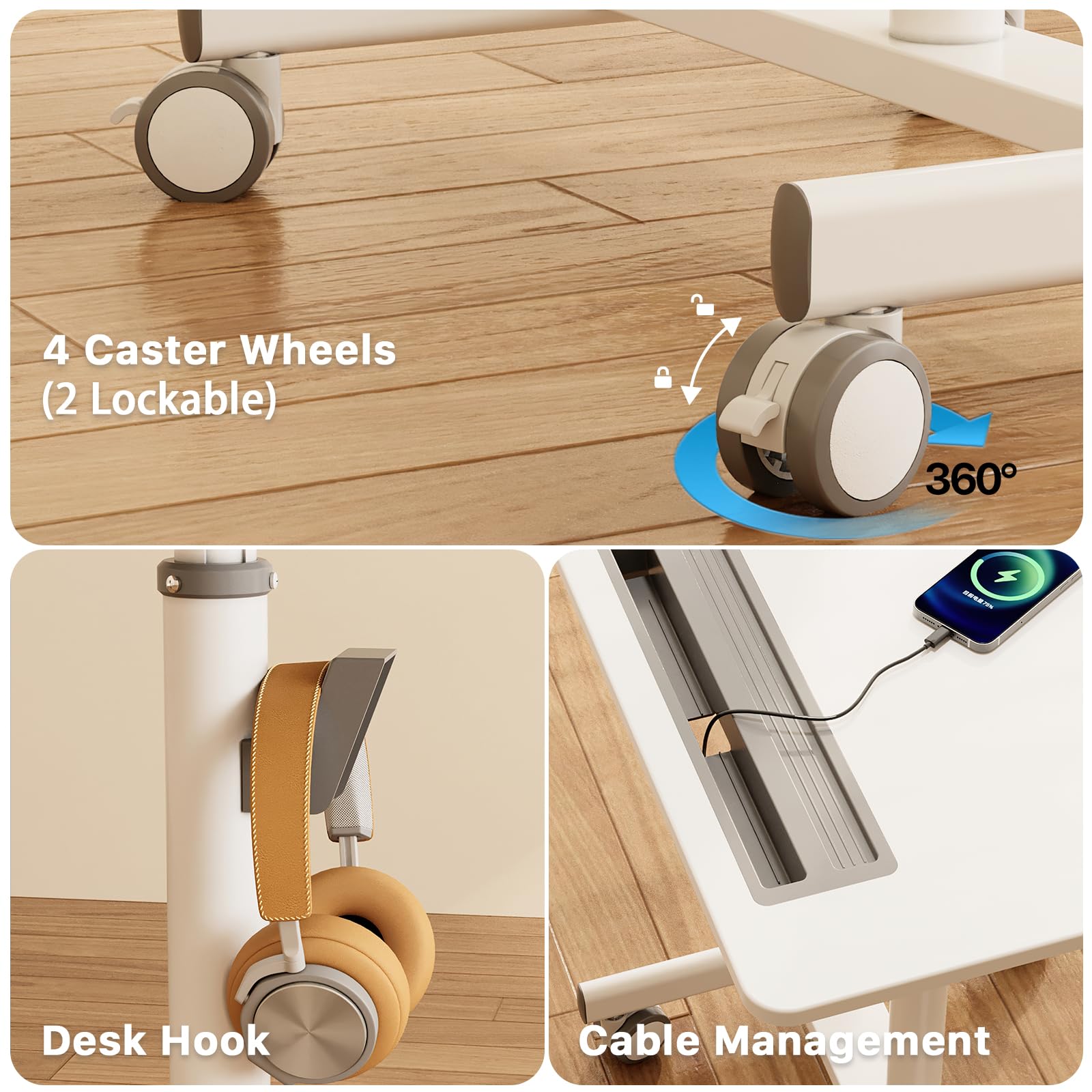28 Inch Mobile Standing Desk with Wheels & Cup Holder - Adjustable Rolling Laptop Workstation for Home Office, Portable Computer Cart with Storage Hook (White) - Perfect for Remote Work, Study & Small Space Living