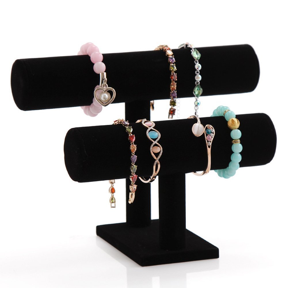 Velvet Jewelry Organizer Stand - 2-Tier Bracelet Holder for Watches, Necklaces & Rings | Jewelry Display & Storage for Women & Girls | Perfect for Dresser, Vanity & Travel (Black)