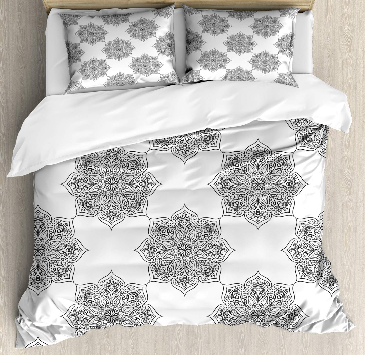Ambesonne Ethnic Duvet Cover Set - Folk Style Mandala Pattern King Size 3-Piece Bedding with 2 Pillow Shams, Grey and White - Bohemian Home Decor for Bedroom & Guest Room