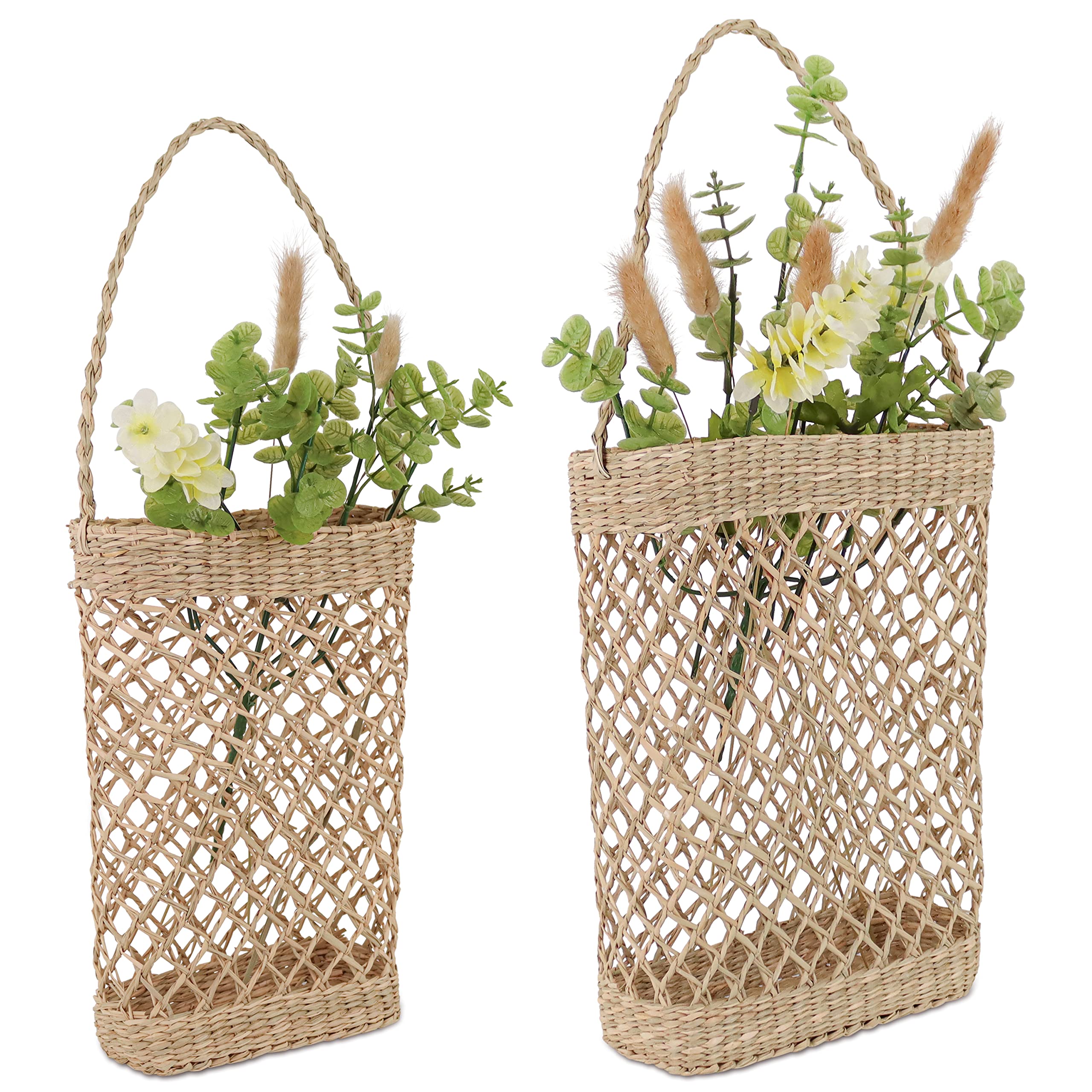 Handmade Seagrass Wall Hanging Baskets Set of 2 - Boho Farmhouse Wicker Decor for Front Door, Flowers, Wreaths & Pampas Grass | Perfect for Spring Decor, Wedding Centerpieces & Cozy Home Styling