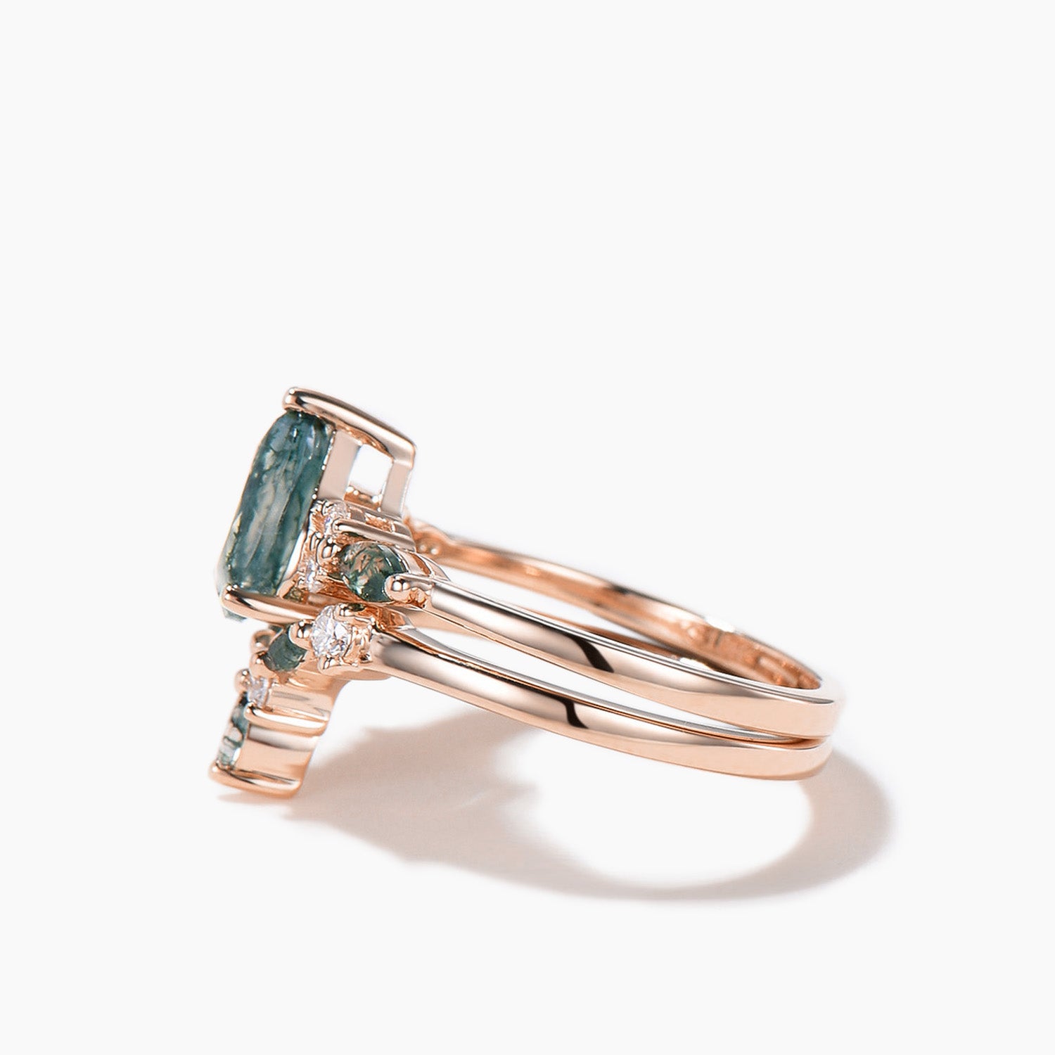 Natural Moss Agate Bridal Ring 14k Rose Gold Diamond Pear Wedding Ring – Elegant Engagement Jewelry for Brides, Nature-Inspired Wedding Band for Outdoor & Boho Ceremonies