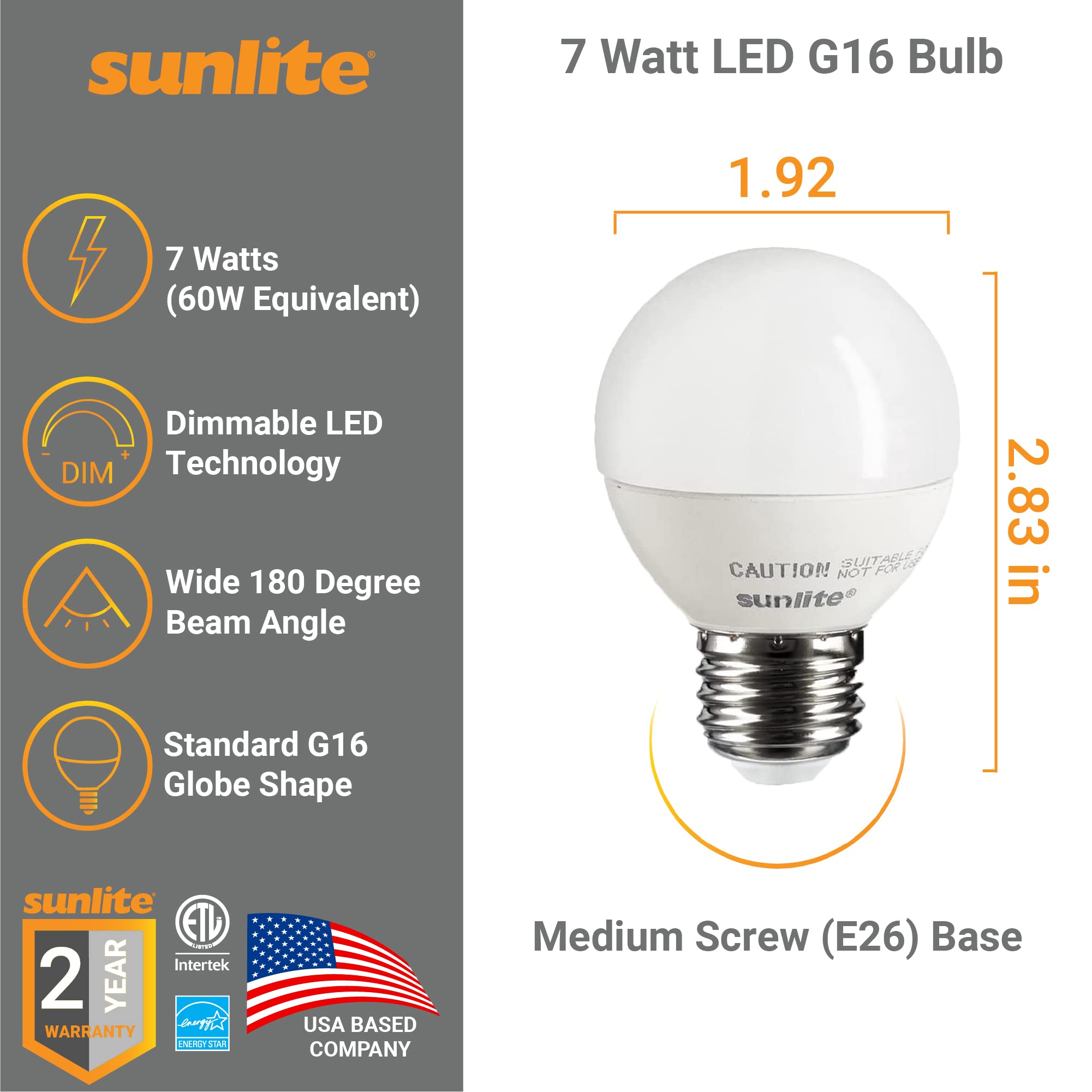Sunlite G16 LED Dimmable Frosted Globe Light Bulbs - 7W (60W Equivalent), 500 Lumens, E26 Base, 2700K Soft White - Perfect for Vanity Mirrors, Bedroom & Bathroom Lighting - ETL Certified, 3-Pack (120V)