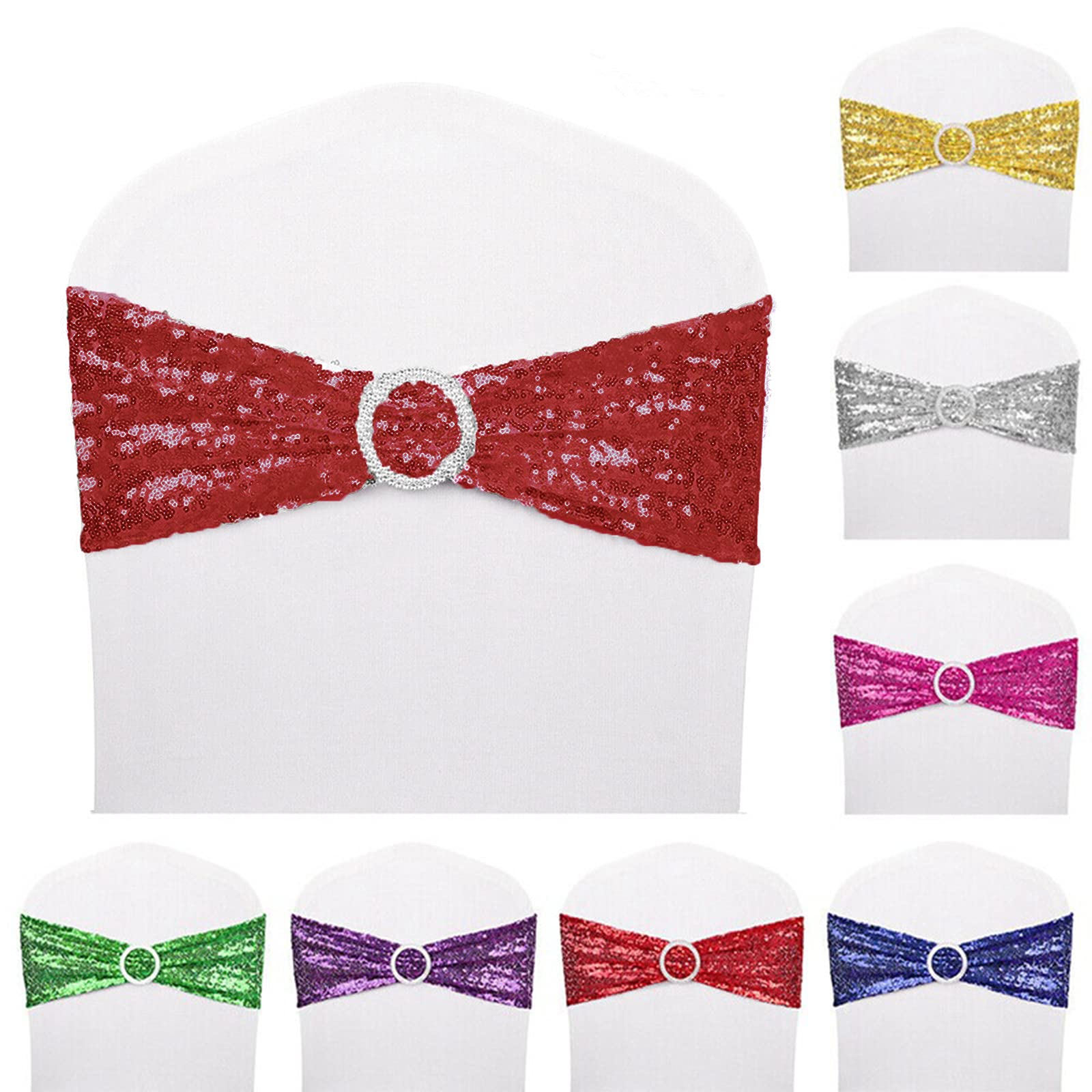 10-Pack Stretchy Sequin Chair Sashes - Elastic Spandex Bands for Wedding, Reception, Banquet & Event Chair Decorations (Red) - Perfect for Bridal Showers, Birthday Parties & Home Decor