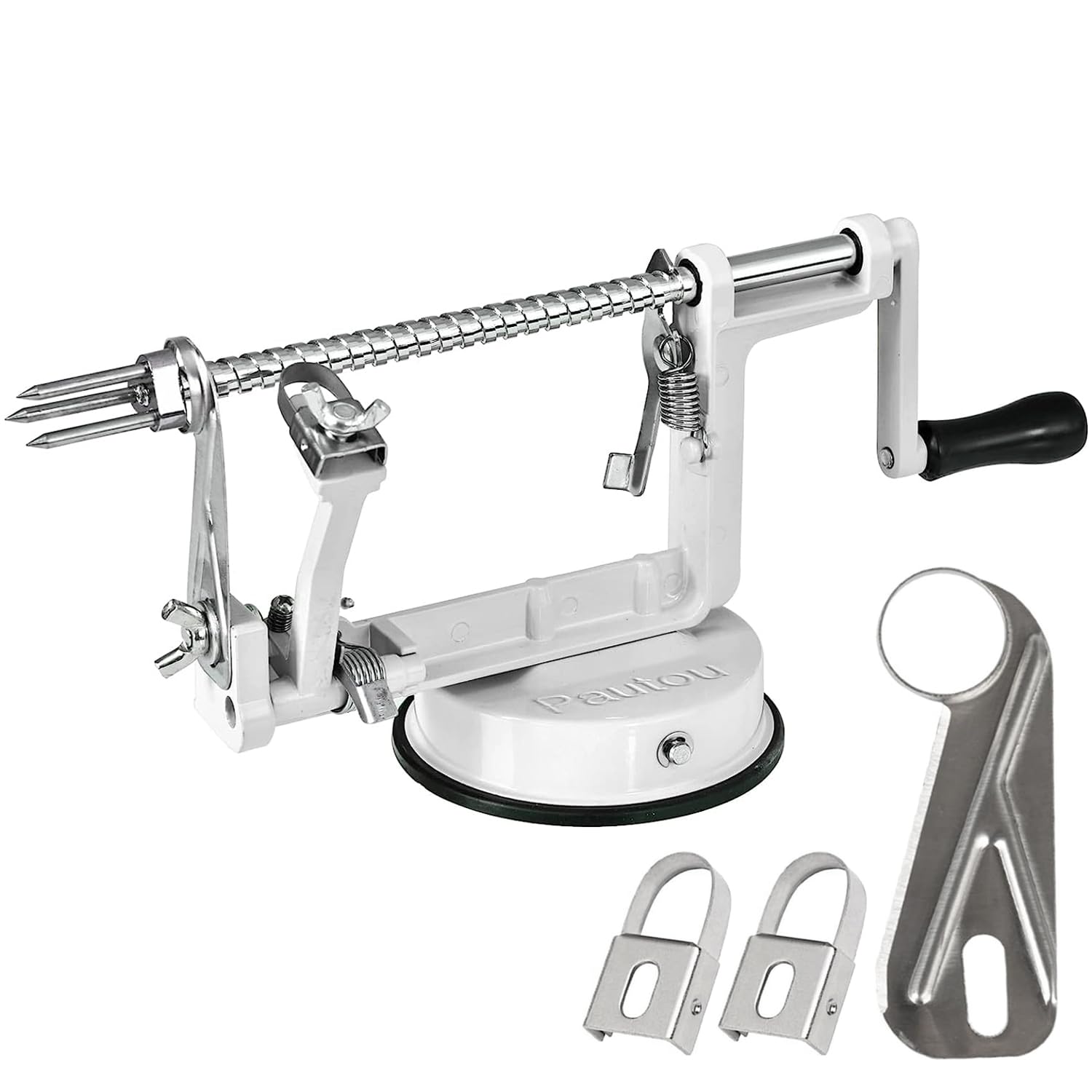 Premium 3-in-1 Apple Peeler, Slicer & Corer - Heavy Duty Stainless Steel Potato Peeler with Suction Cup Base & 3 Extra Blades (White) - Perfect for Baking, Canning and Meal Prep in Your Kitchen