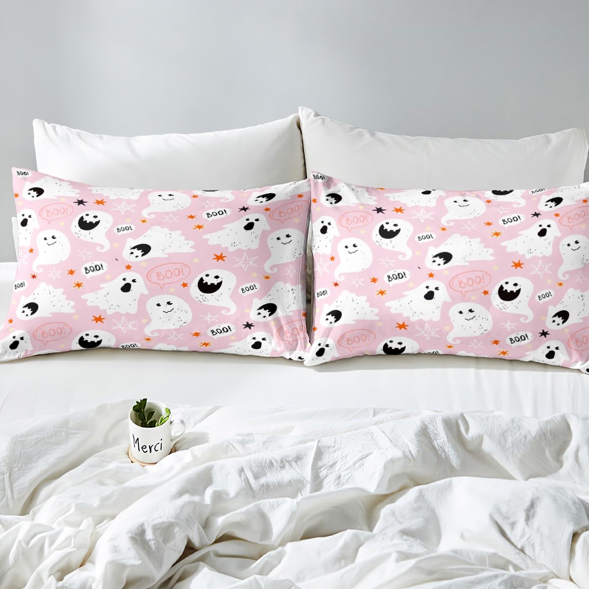 Feelyou Halloween Comforter Cover Set - Ghost Pink Twin Size Bedding for Kids, Boys & Girls | Cute Kawaii Duvet Cover, Soft Lightweight Bedspread | Perfect for Halloween Decor, Kids' Room & Seasonal Bedding