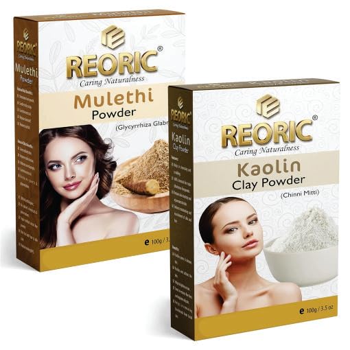 Organic Reoric Mulethi Powder & Kaolin Clay Powder for Face & Skin Care - 200g (Pack of 2) | Natural Licorice Root Powder for Brightening & Acne Treatment | DIY Facial Mask & Beauty Routine