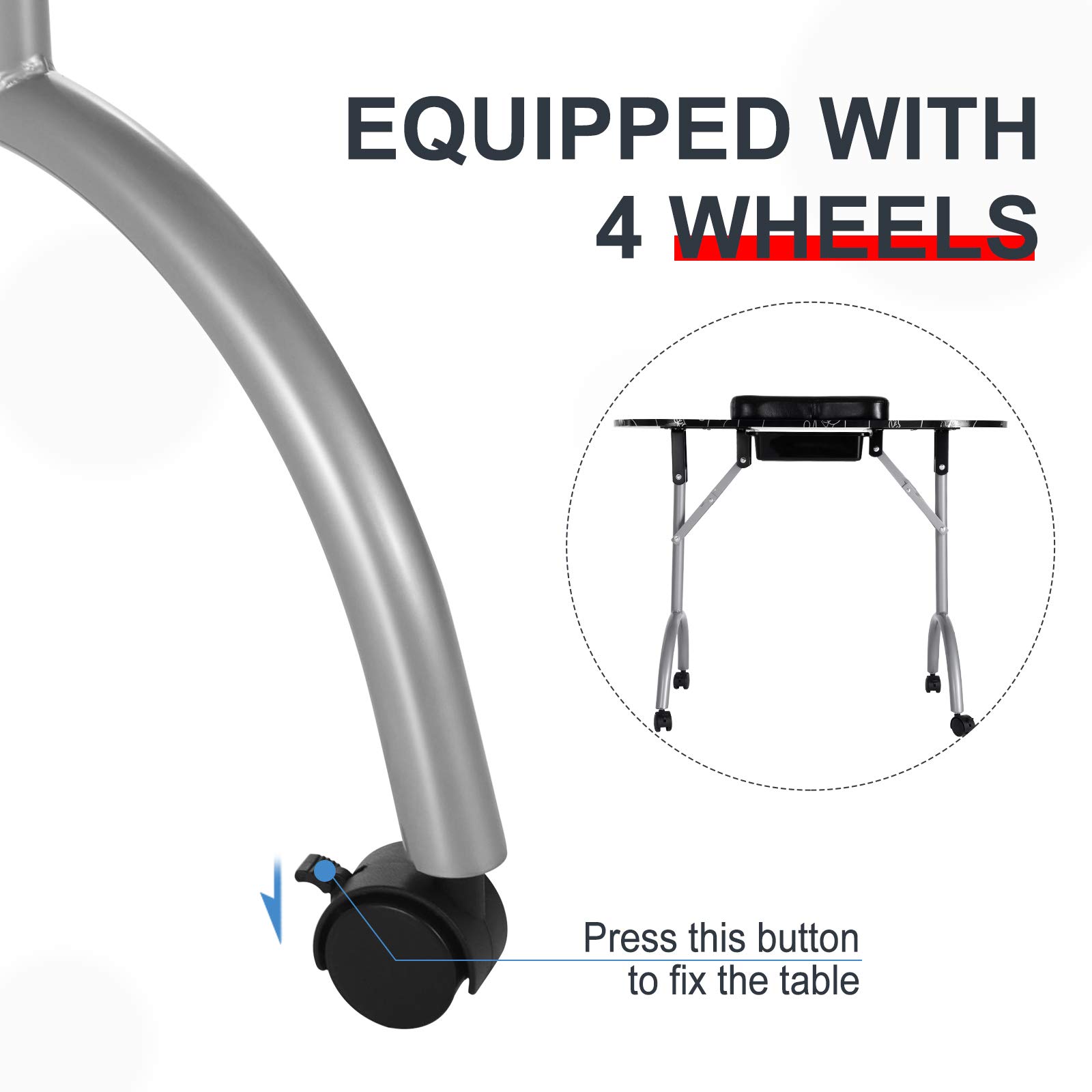 Portable Folding Nail Tech Station with Wheels - Adjustable Manicure Table for Home Spa & Salon, Includes Wrist Cushion, Storage Drawer & Carry Bag - Perfect for Mobile Nail Technicians & Beauty Professionals On-The-Go