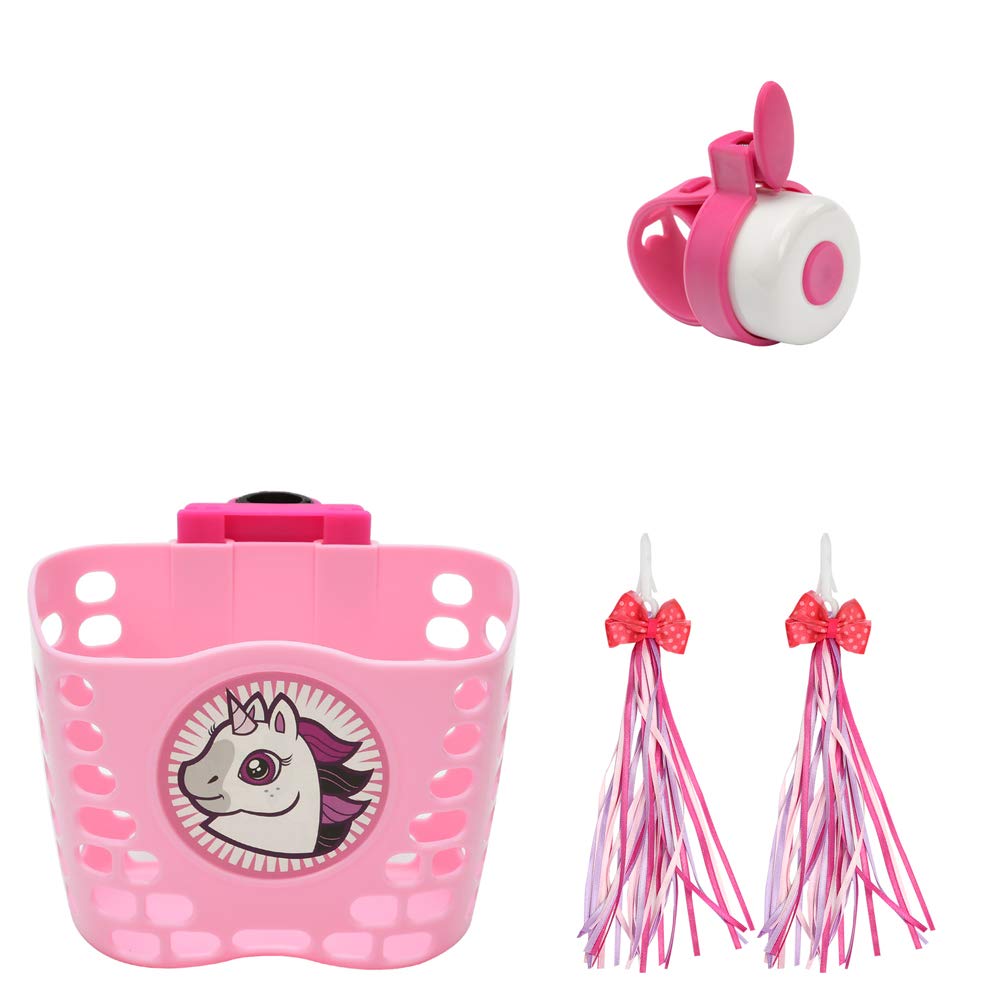 **Kids Bike Basket for Girls & Boys - Cute Cartoon Front Handlebar Storage Basket with Streamers & Bell - Perfect for Scooters & Bicycles - Pink**    *(Use: Ideal for school rides, picnics, or carrying toys & snacks on family bike trips!)*