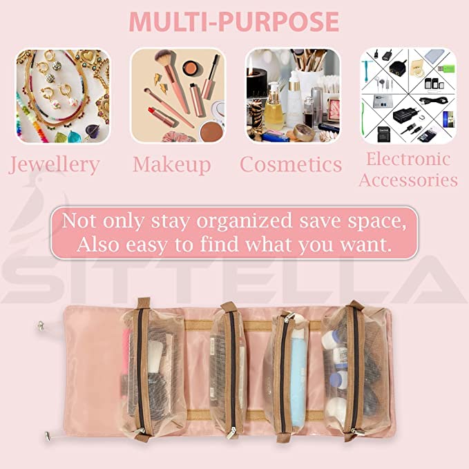 4-in-1 Foldable Hanging Travel Makeup Organizer Bag - Waterproof Cosmetic & Toiletry Storage Pouch for Women (Pink) | Perfect for Vacation, Business Trips & Daily Use