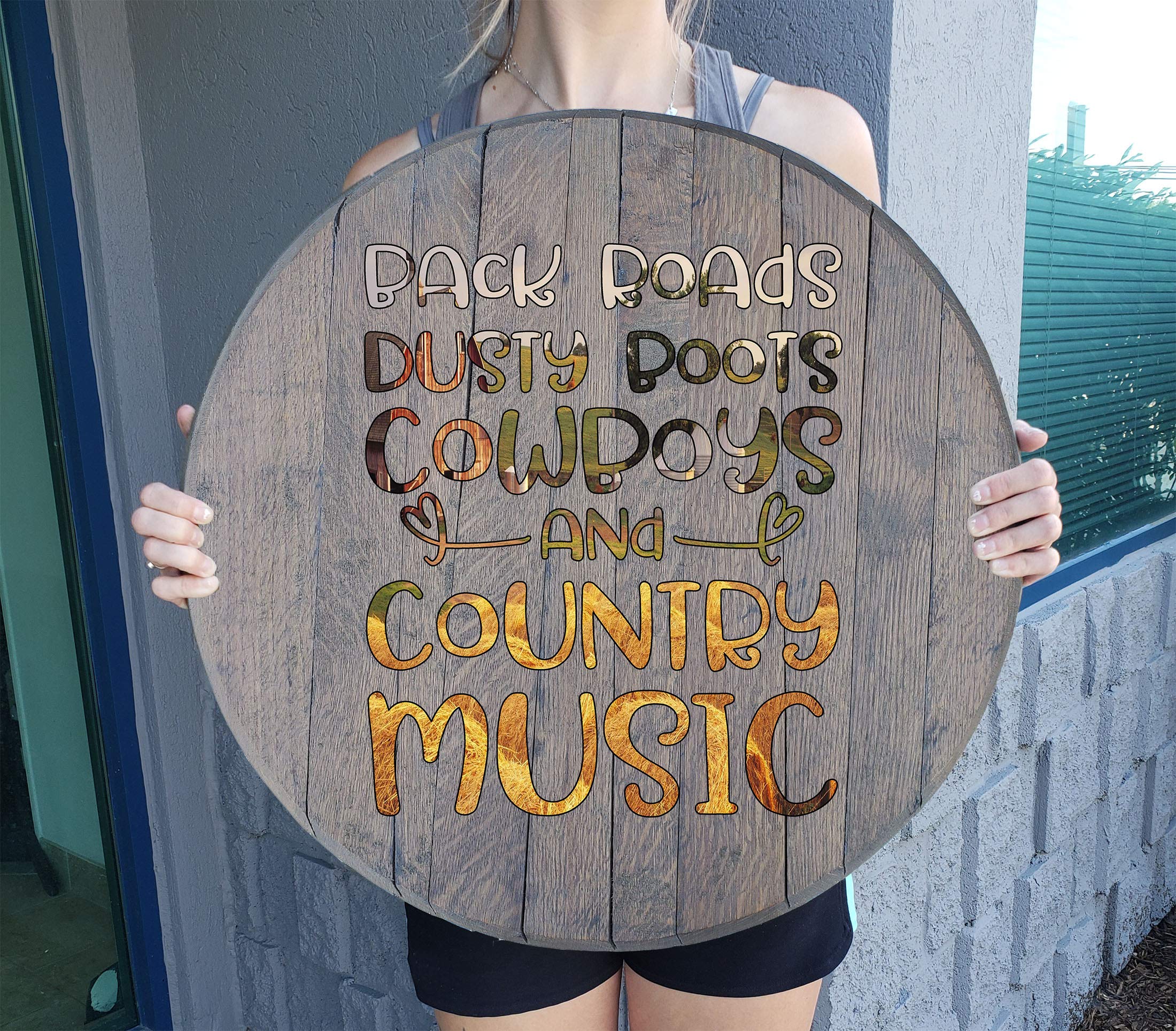 Rustic Country Music Cowboy Man Cave Wall Decor - Distressed Barnwood Gray Wooden Whiskey Barrel Lid Sign for Western Home Bar & Game Room Decor