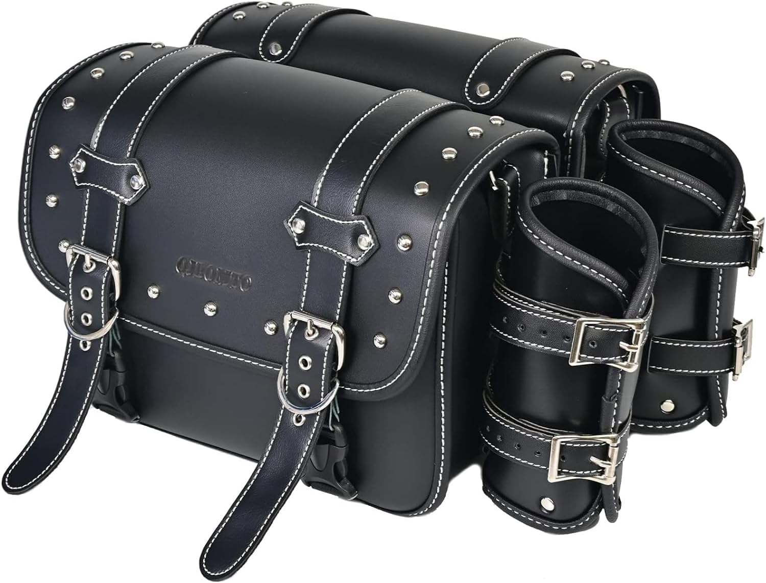 Premium High-Density Leather Motorcycle Saddlebags - Universal Throw Over Panniers with Waterproof Design, Cup Holder & Side Tool Storage (1 Pair, Black) | Ideal for Harley, Cruiser & Touring Bikes - Road Trips & Daily Commuting