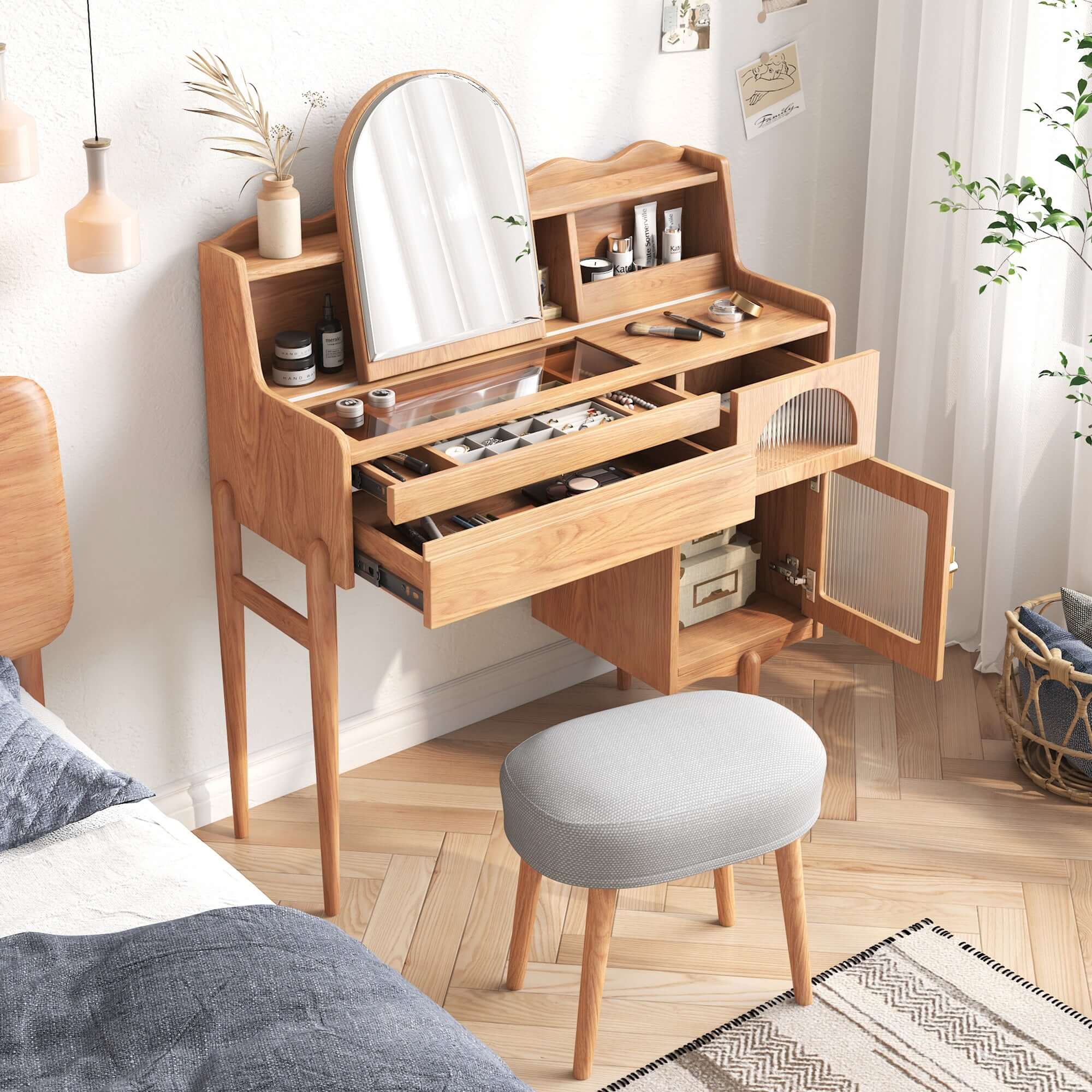Elegant Wooden Makeup Vanity Table with Dressing Mirror, Drawers & Side Cabinet - Perfect for Bedroom, Dressing Room & Beauty Salon Organization