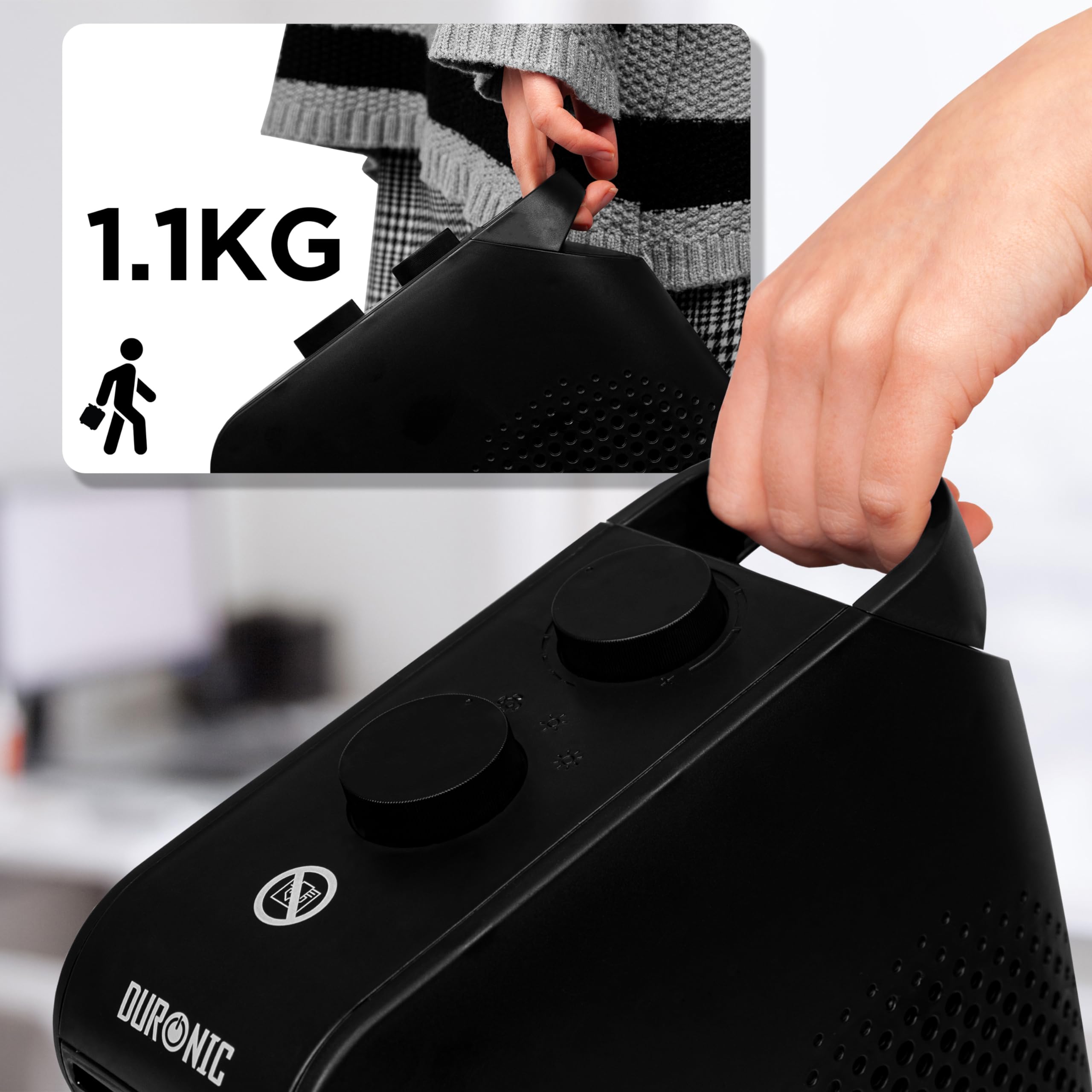 Duronic HV21 BK Adjustable Electric Fan Heater - Portable Space Heater with Cooling Function for Home, Office & Garage | Lightweight Flatbed & Upright Design | Perfect for Winter Heating and Summer Cooling