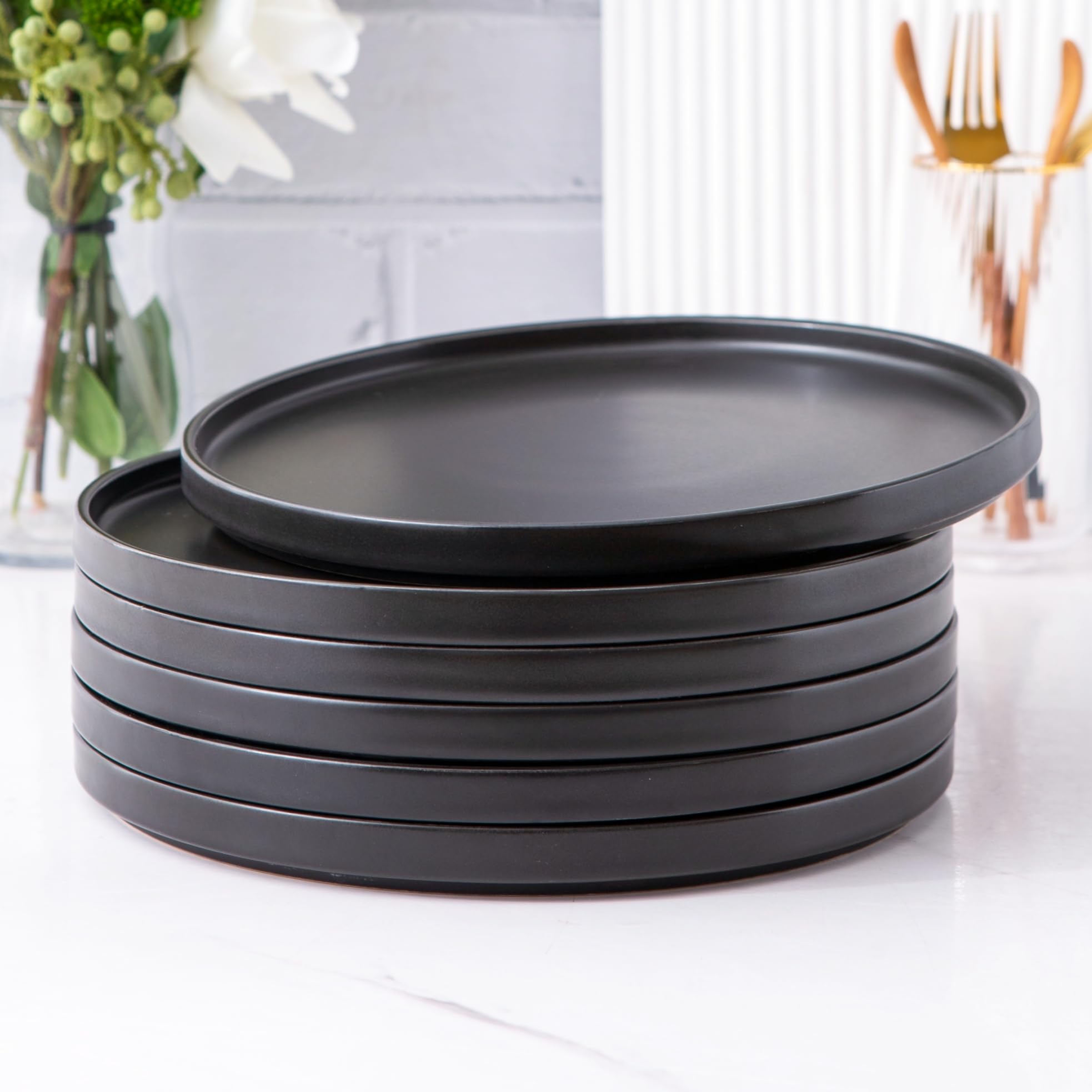 AmorArc 8-Inch Ceramic Dinner Plates Set of 6 - Matte Black Salad & Dessert Plates, Microwave & Dishwasher Safe, Scratch Resistant Reactive Glaze - Perfect for Dining, Entertaining, and Everyday Meals
