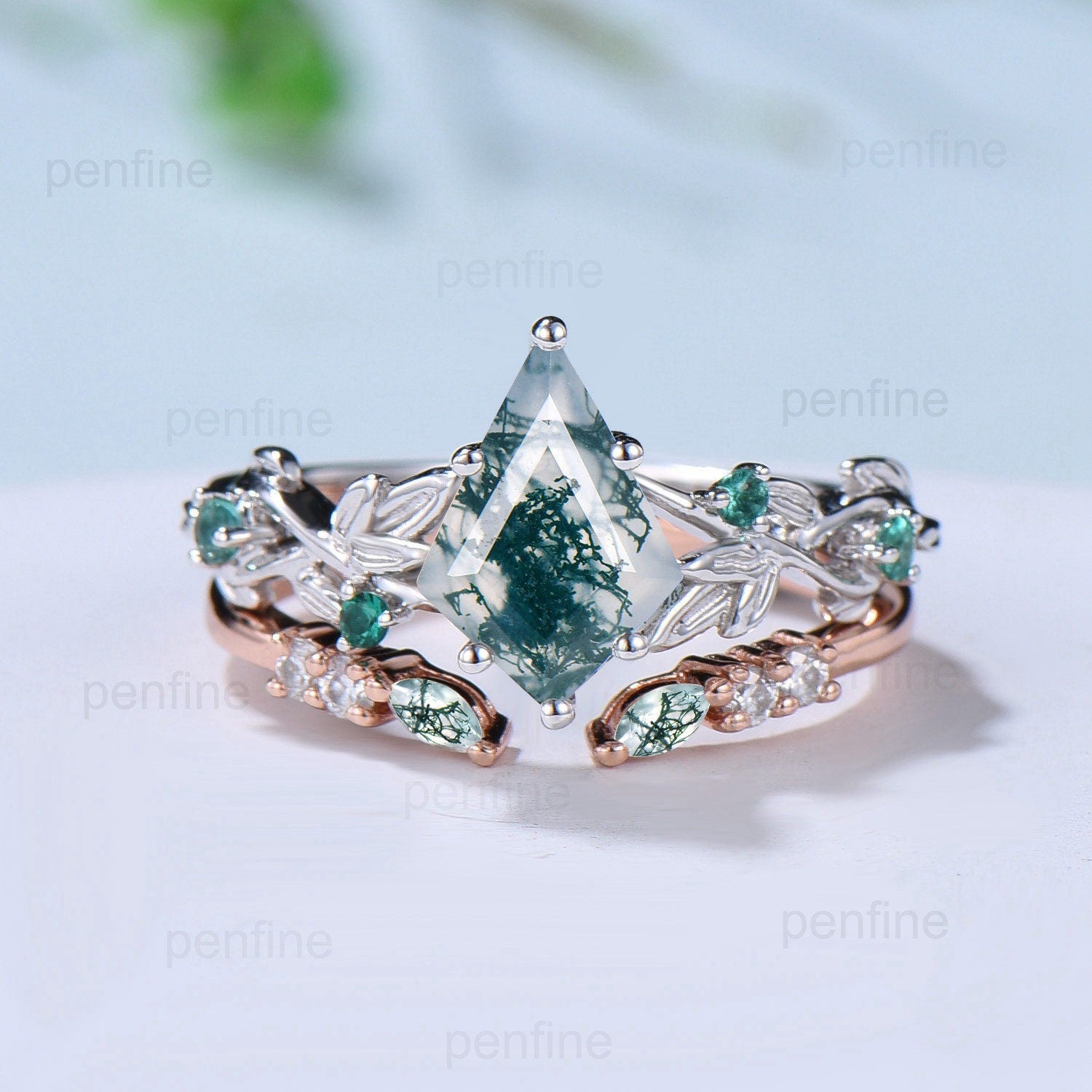 7X10mm Kite Twig Moss Agate Engagement Ring - Nature Inspired Leaf Vine Green Agate Wedding Set in White Gold - Elegant Emerald Anniversary Ring for Women - Perfect for Outdoor Weddings, Nature-Themed Proposals & Romantic Gift Giving