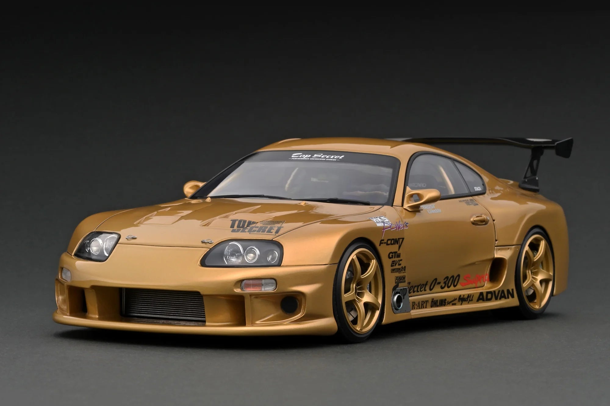 1:18 Scale Toyota Supra JZA80 TOP SECRET GT 300 Diecast Model Car - Gold Edition with Smokey Nagata Figure - Collectible Japanese Tuner Car for Display & Racing Enthusiasts