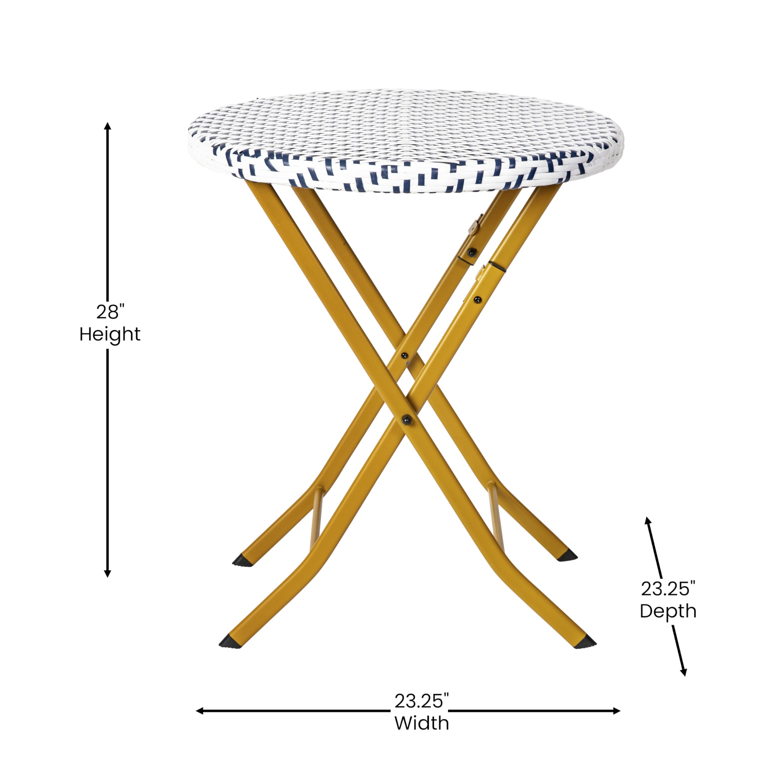 Flash Furniture Rouen Commercial Grade Folding Bistro Set - 3 Piece Indoor/Outdoor PE Rattan Table with Navy/White Cushions & Natural Steel Frame | Perfect for Patio, Garden, Cafe, Restaurant Outdoor Dining