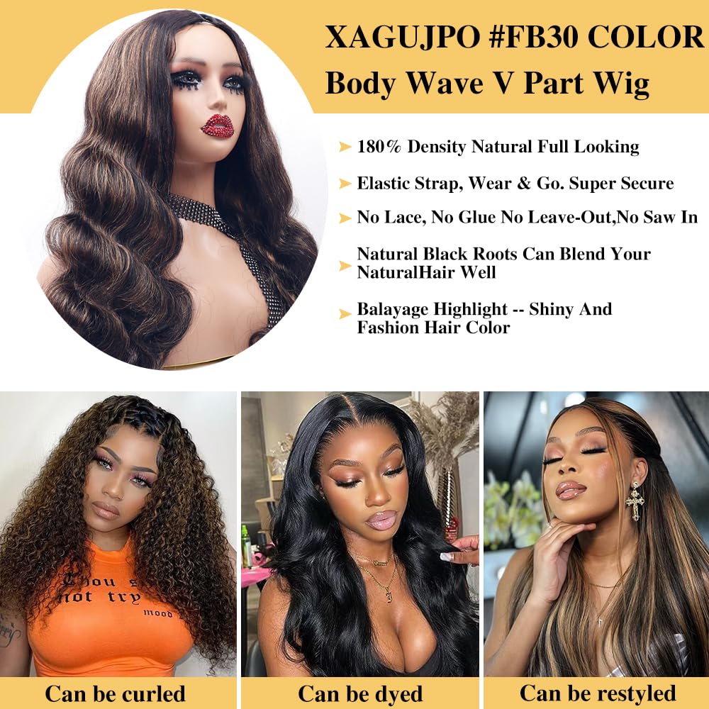 Xagujpo 26inch Body Wave V Part Human Hair Wig - No Sew #FB30 Ombre Brown U Part Wig with 180% Density - Highlighted Human Hair Wigs for Women | Perfect for Daily Wear, Parties & Special Occasions