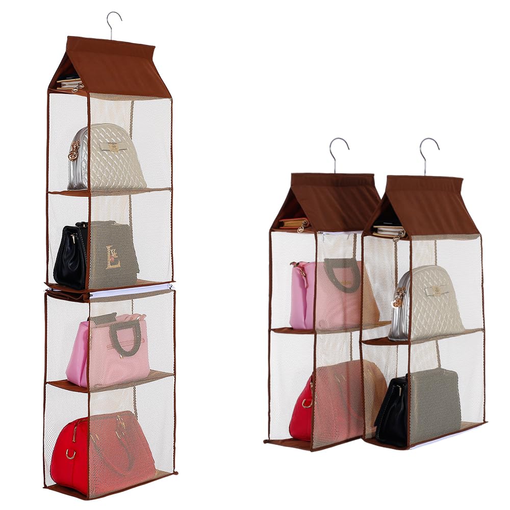 Keepjoy Hanging Handbag Organizer - 4-Tier Heavy Duty Mesh Closet Purse Storage with Detachable Design for Handbags, Purses & Accessories (Brown) - Perfect for Bedroom, Closet & Dorm Organization