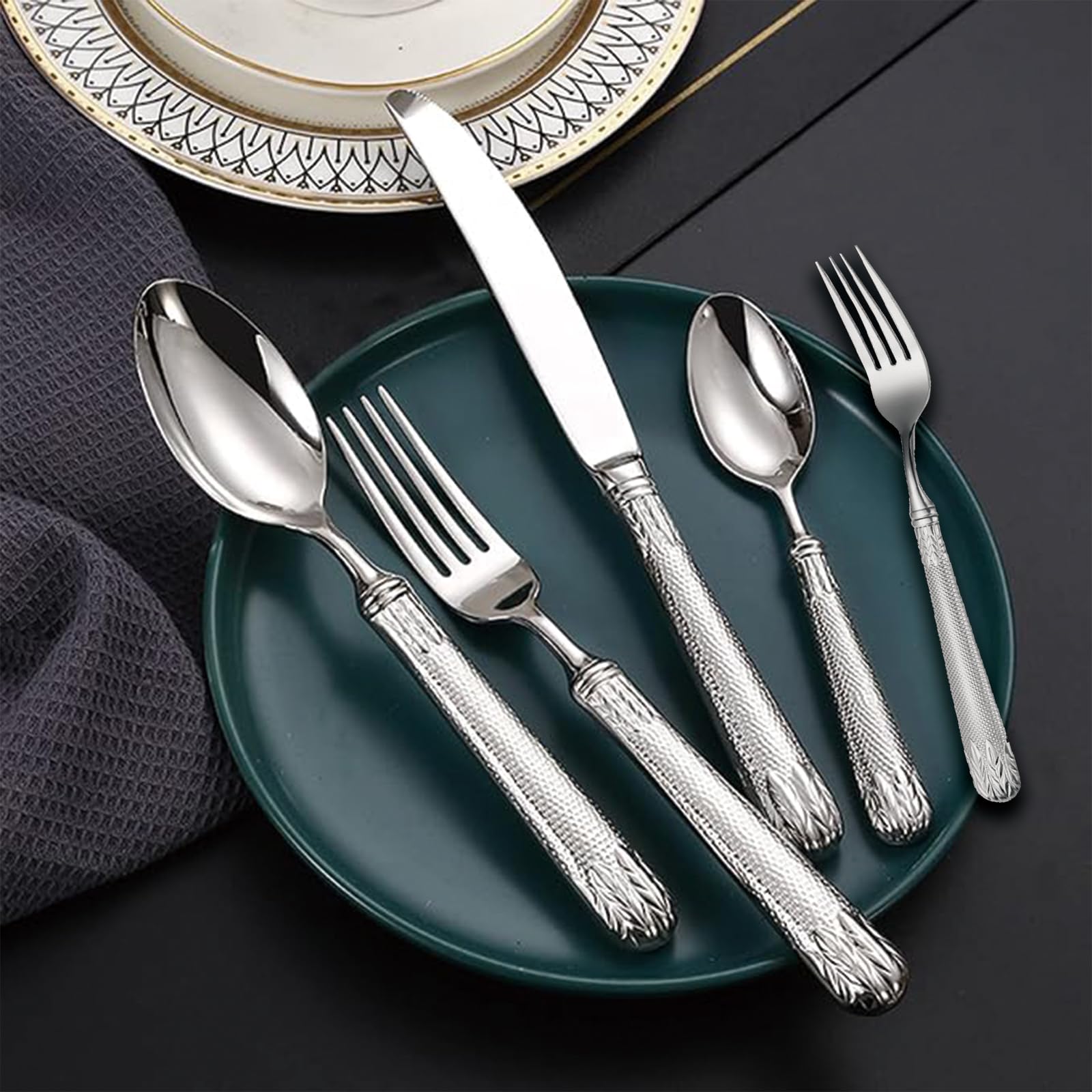 48-Piece Stainless Steel Flatware Set for 12 - Vintage Wheat Ears Embossed Silverware Set with Spoons, Forks, Knives - Dishwasher Safe Kitchen & Dining Essentials for Everyday Use & Special Occasions