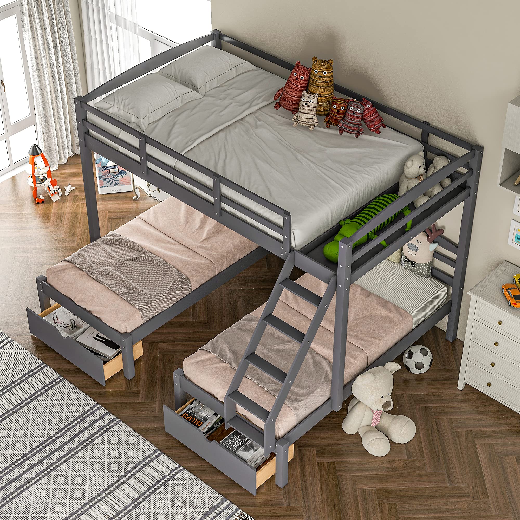 HERI Triple Bunk Bed - Full Over 2 Twin Bunk Beds with 3 Storage Drawers & Safety Guardrails (Gray) - Space Saving Solution for Kids' Bedrooms, Dorm Rooms & Vacation Homes