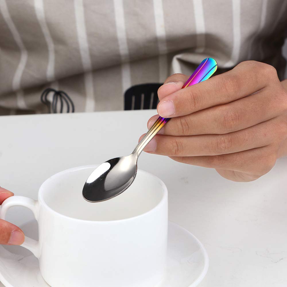 QIBOMOON 12-Pack Stainless Steel Espresso Spoons - 4.5 Inch Mini Teaspoons for Coffee, Tea, Desserts, Ice Cream & Cappuccino - Gradient Rainbow Color Set - Perfect for Home, Café & Restaurant Use
