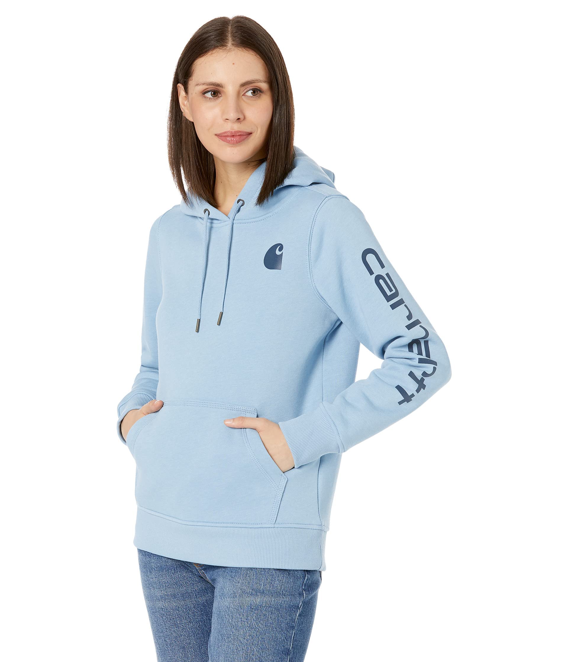 Carhartt Women's Relaxed Fit Midweight Logo Sleeve Graphic Sweatshirt | Casual Pullover Hoodie for Work & Outdoor Activities | Warm Fleece Lined Sweater for Fall & Winter