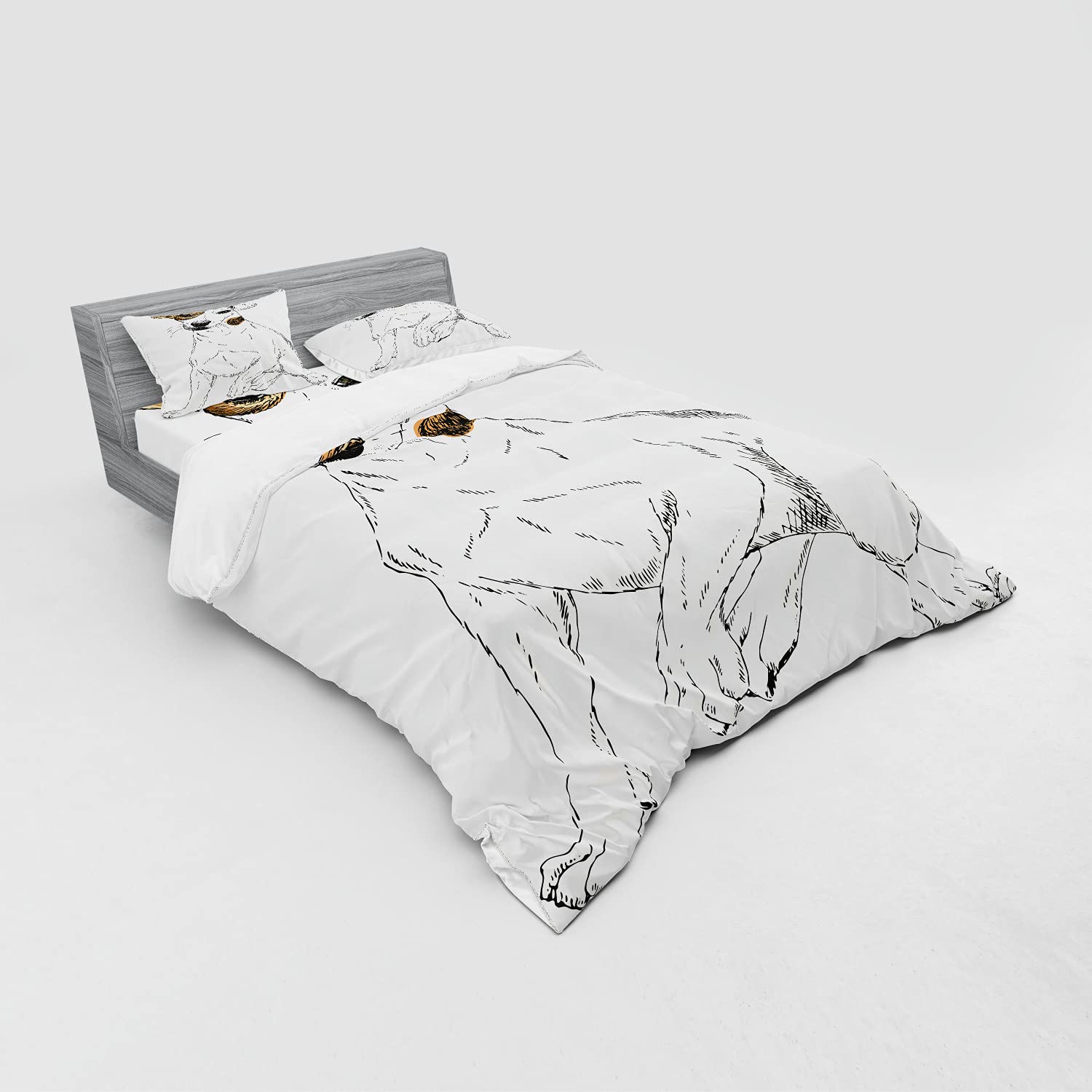 Ambesonne Jack Russell Terrier Dog Bedding Set - 4 Piece Queen Size Duvet Cover with Shams & Fitted Sheet - Sketch Style Hand Drawn Puppy Portrait Pet Shelter Design in Cream & Pale Brown - Perfect for Dog Lovers' Bedrooms & Pet-Friendly Home Decor