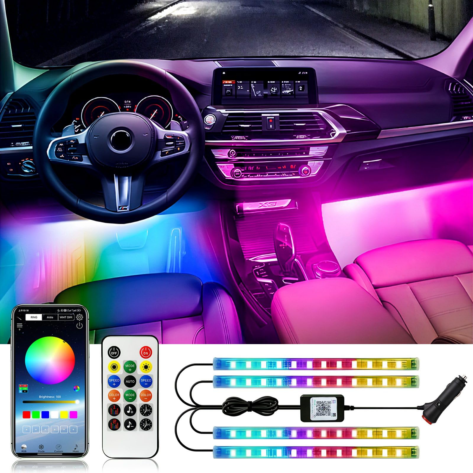 Smart RGB LED Car Strip Lights - APP & Remote Control, 12V Interior Lighting Kit for Footwell & Dash with Music Sync - Perfect for Car Decor & Night Driving