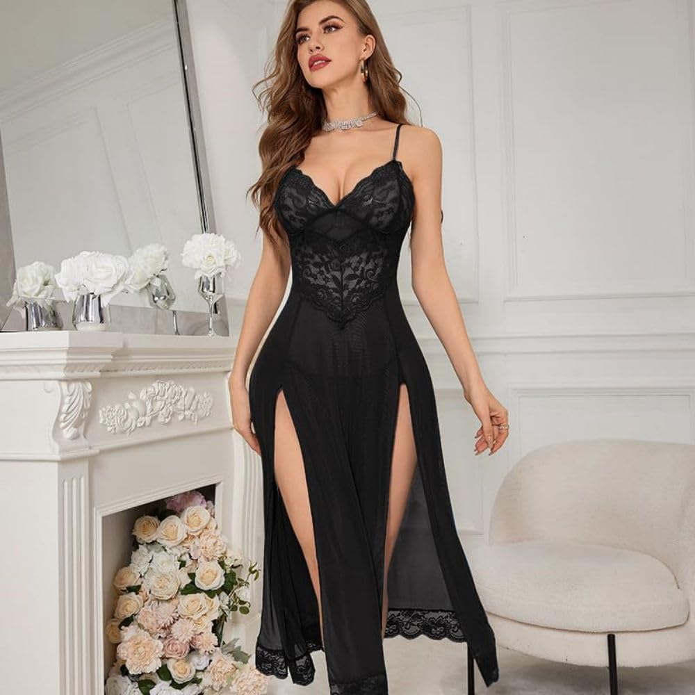 YaShaer Women's Sexy Lace Babydoll Nightgown - Deep V Neck One Piece Sleepwear Dress for Women Sizes S-3XL | Perfect for Valentine's Day, Honeymoon & Romantic Nights